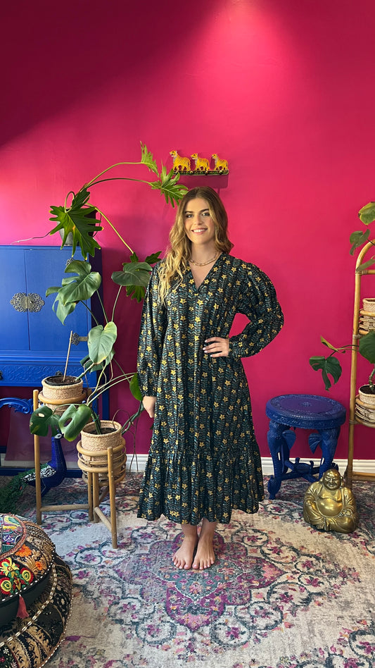 Shirley Joy Dress - Black with Yellow and Blue Floral Vine