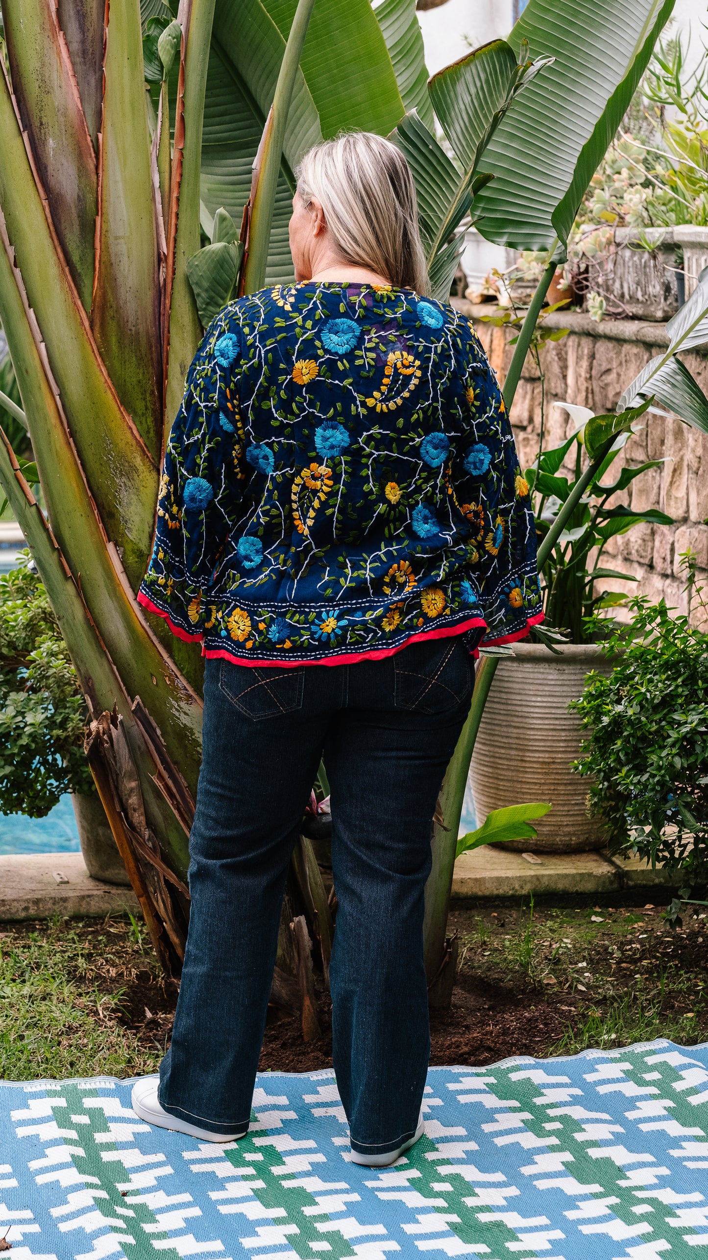 Phulkari Jacket Number 1 - Navy with Red Trim & Yellow Embroidered Blooms