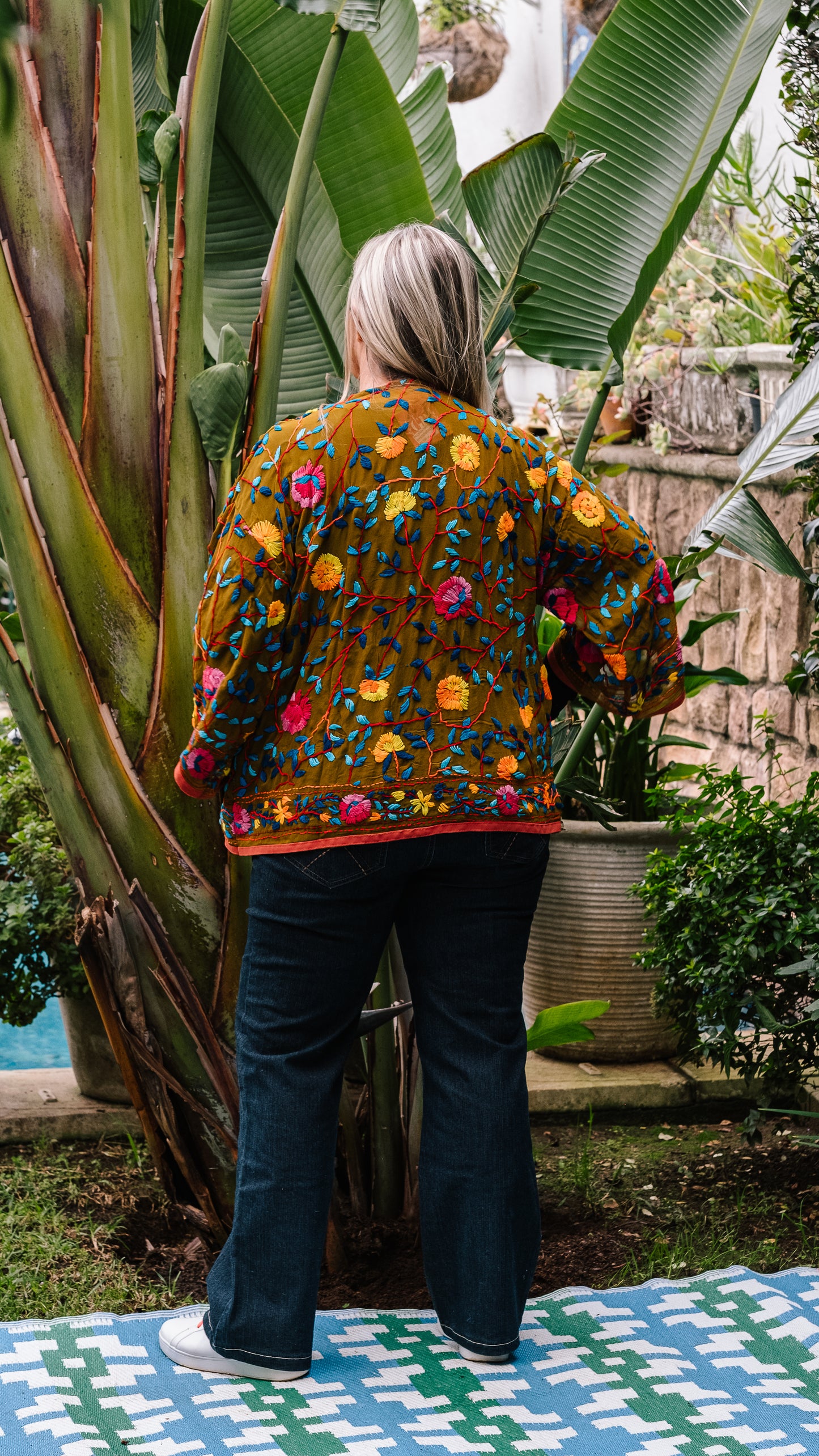 Phulkari Jacket Number 11 - Army Green with Peach Trim, Pink & Yellow, Orange and Blue Embroidered Blooms