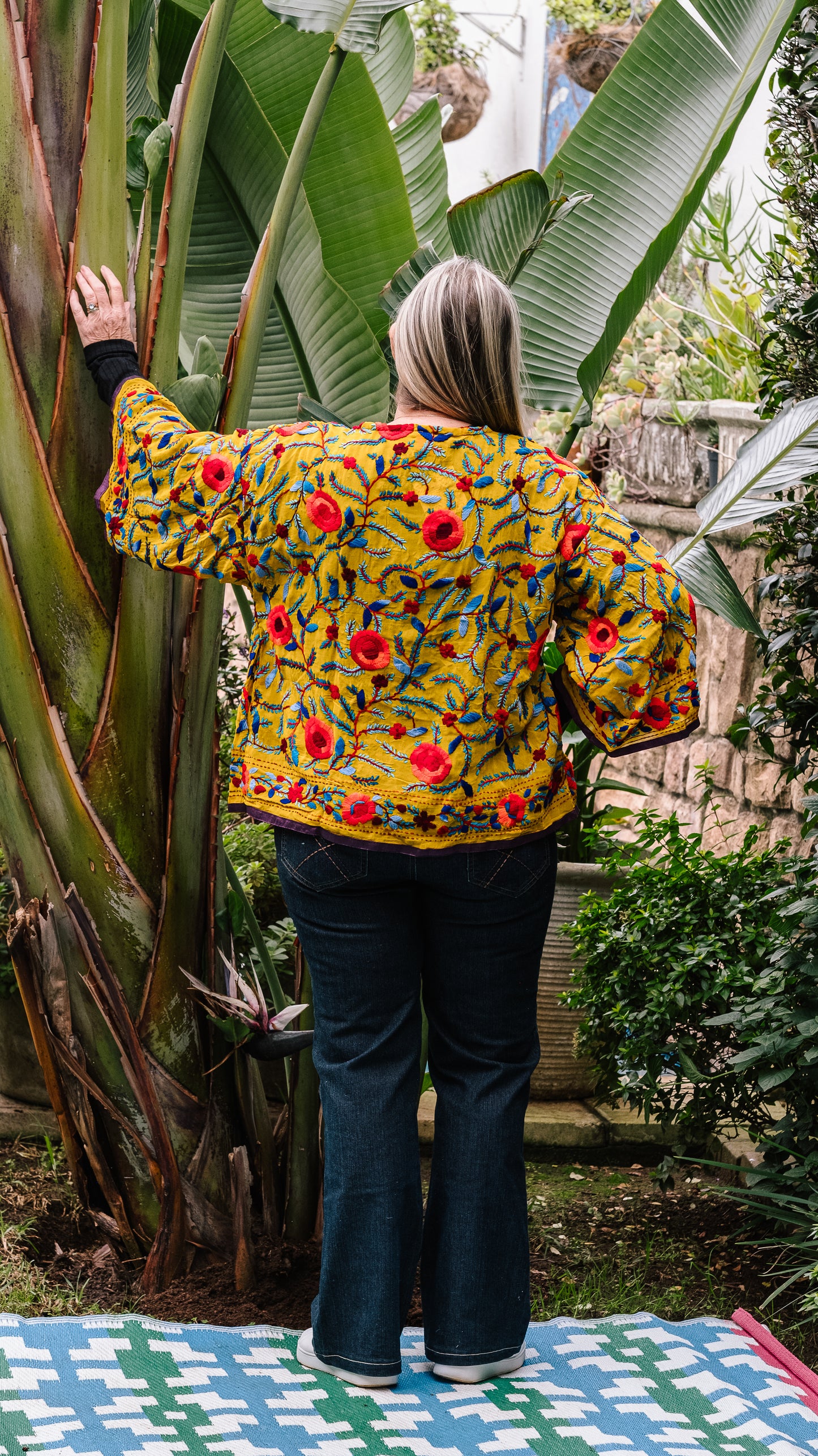 Phulkari Jacket Number 13 - Mustard with Burgundy Trim, Red, Orange & Blue Embroidered Blooms