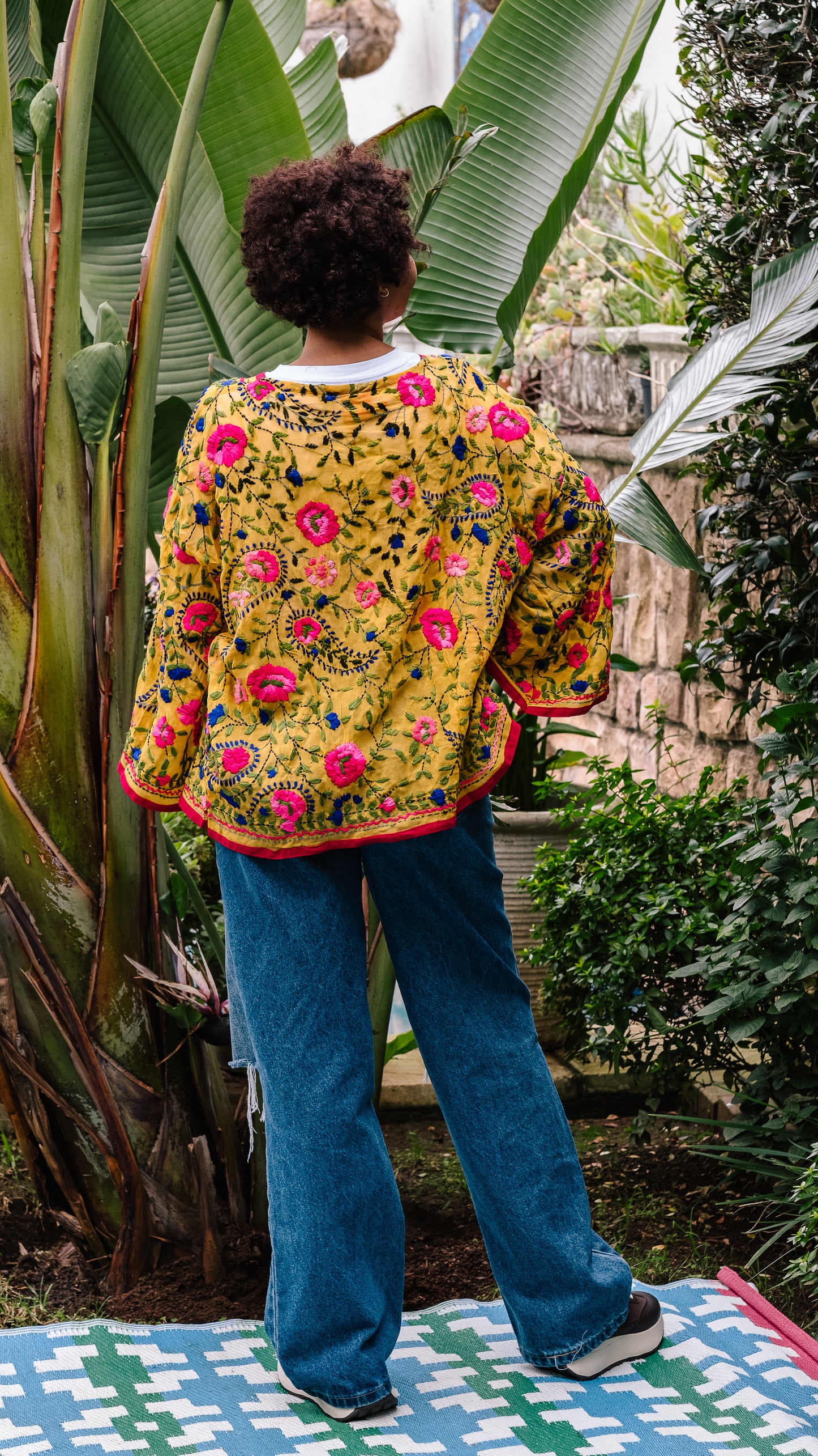 Phulkari Jackets Number 14 - Soft Mustard with Red Trim, Pink, Blue & Green Embroidered Blooms