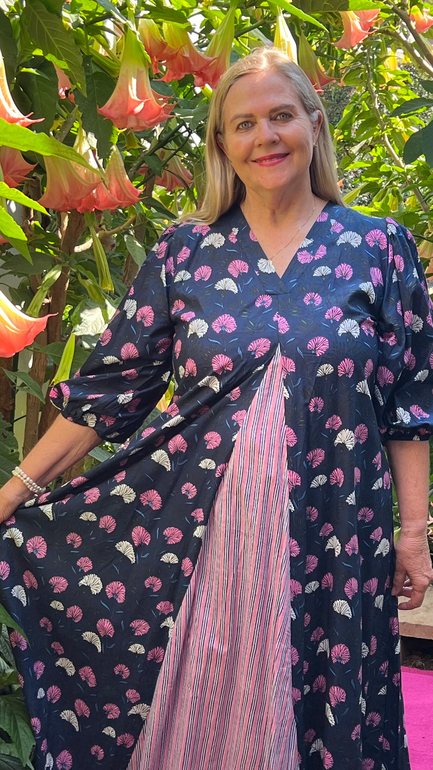 Nicolett Dress - Navy Thistle with Contrasting Stripe