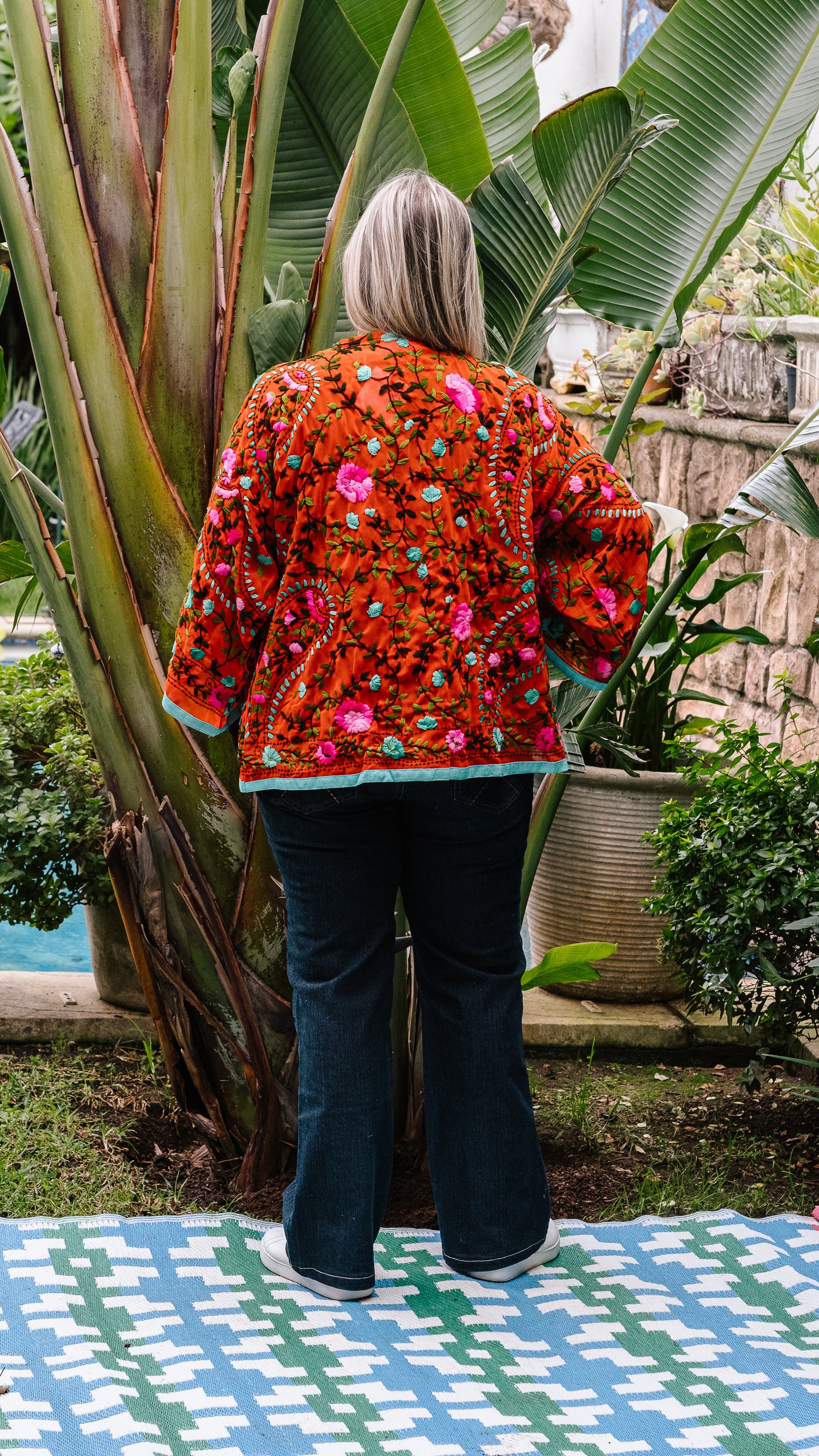 Phulkari Jacket Number 19 - Bright Orange with Turquoise Trim, Hot Pink, Turquoise & Green Embroidered Blooms