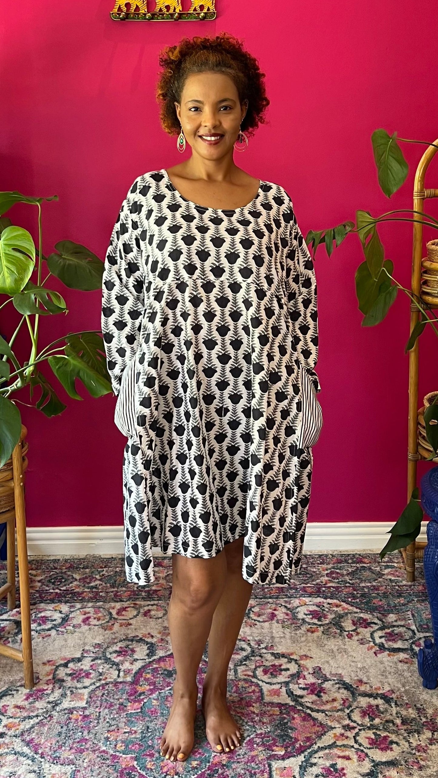 Babydoll Dress - White with Black Tulips