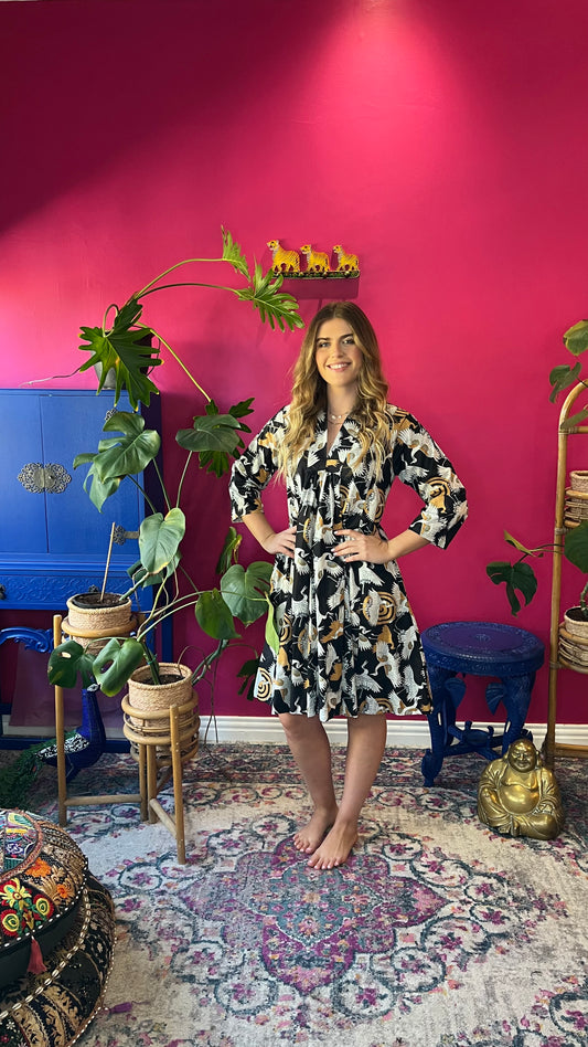 Short Rori Rose Dress - Black with White and Gold Crane