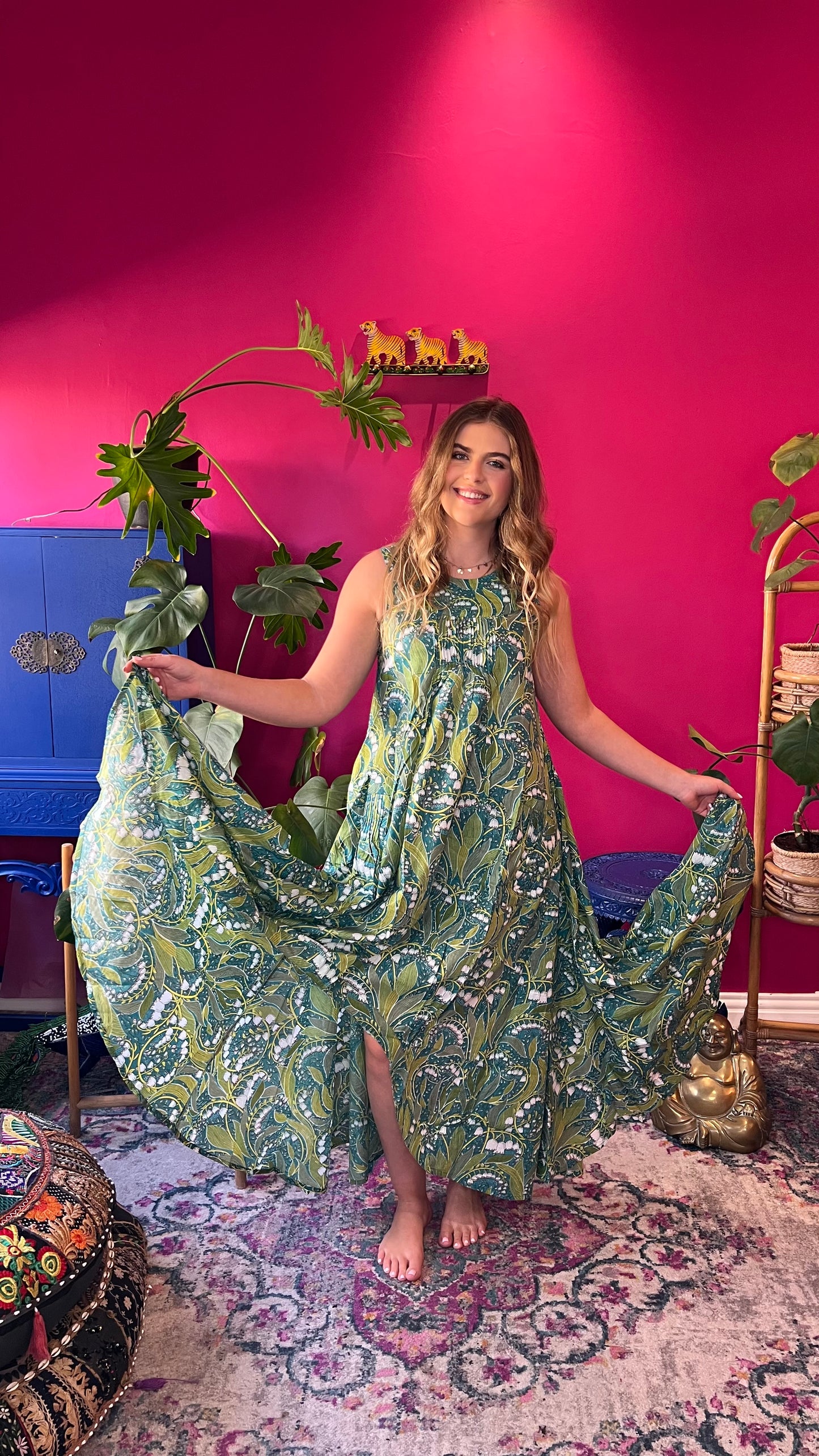 Bird Dress - Teal Bell Flowers