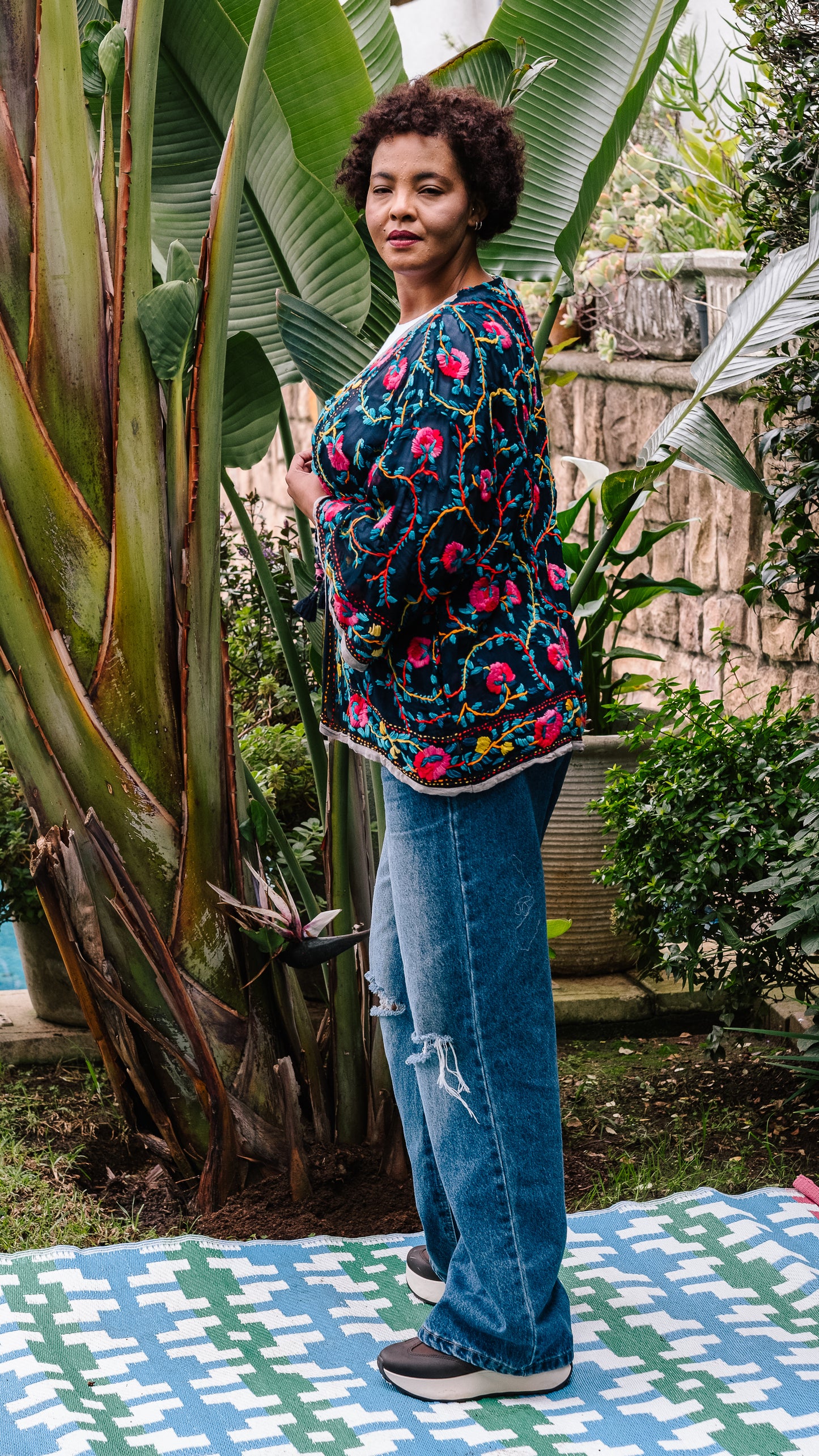 Phulkari Jacket Number 2 - Navy with Grey Trim & Pink Embroidered Blooms