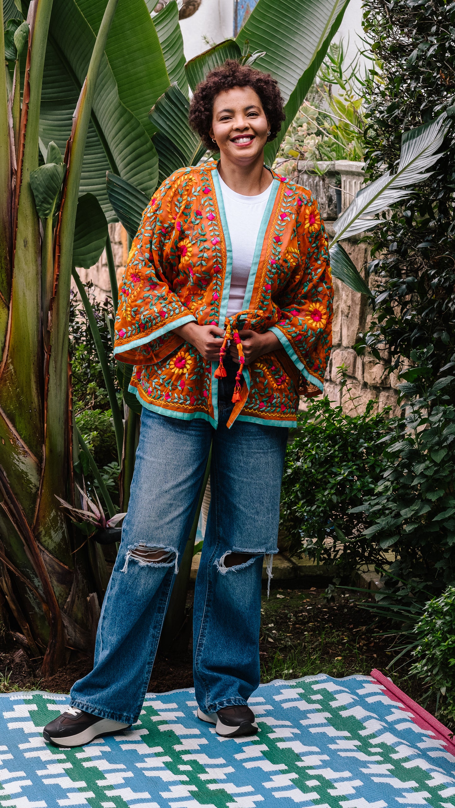 Phulkari Jacket Number 20 - Orange with Turquoise Trim, Pink, Turquoise, Green & Orange Embroidered Blooms