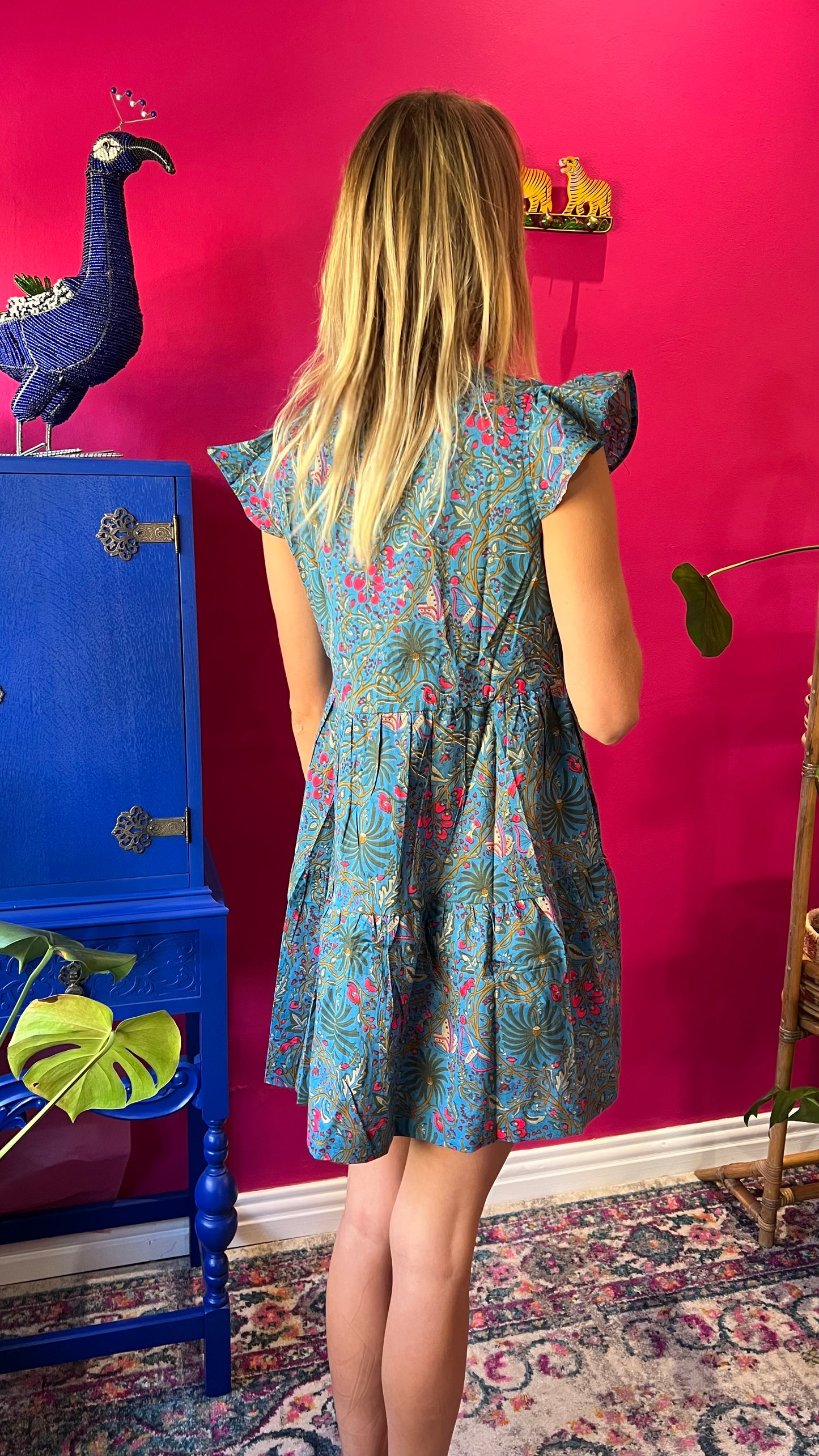 Sharon Short Tiered Dress - Teal Blue Foxy Floral