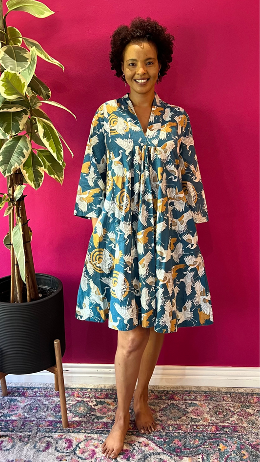 Short Rori Rose Dress - Ocean Blue with White and Gold Cranes
