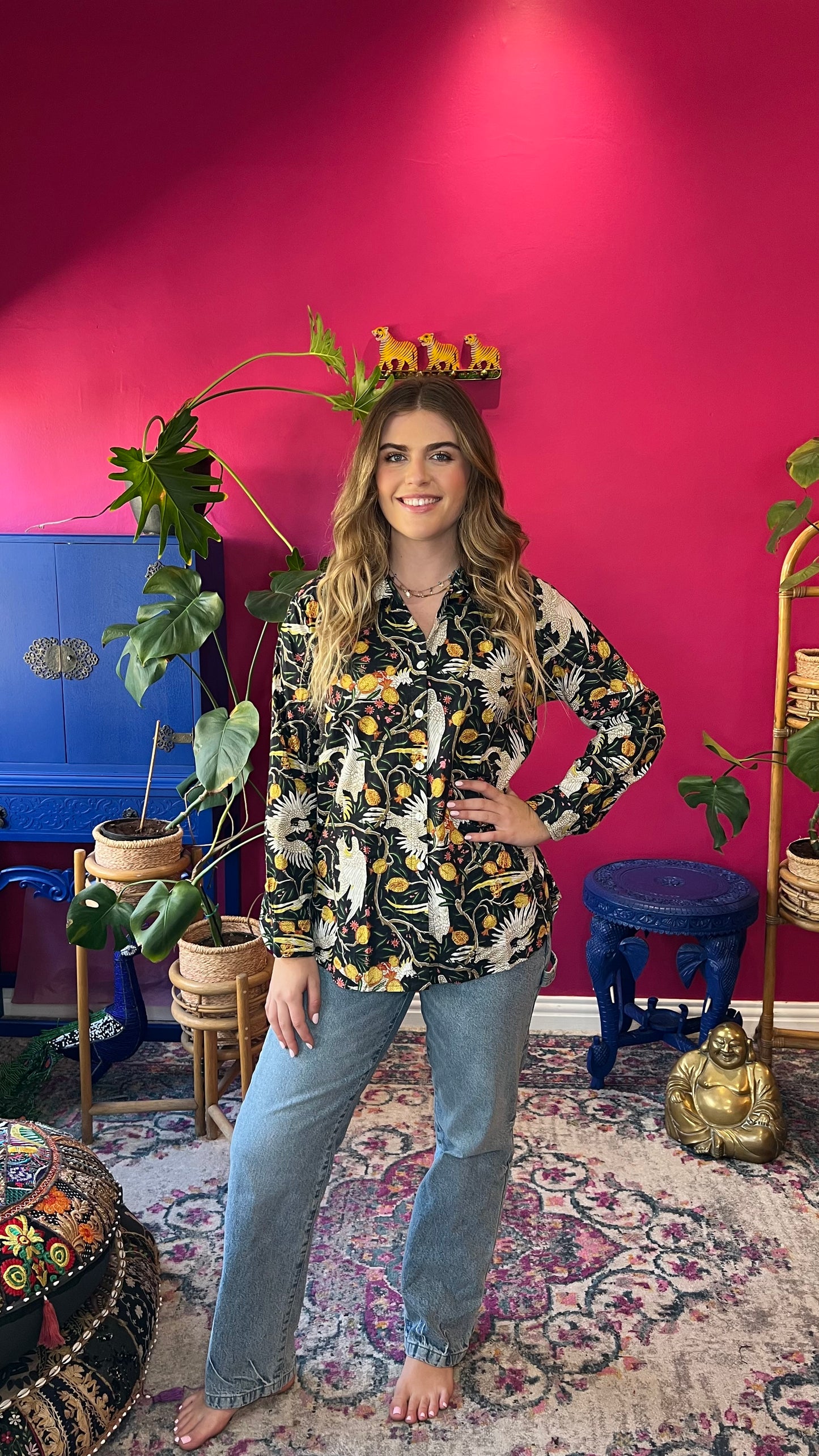 Beverley Blouse - Black with White Cockatoo and Pomegranate