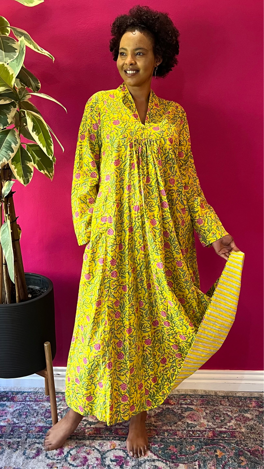 Rori Rose Dress -  Bright Yellow with Pink Floral Vine