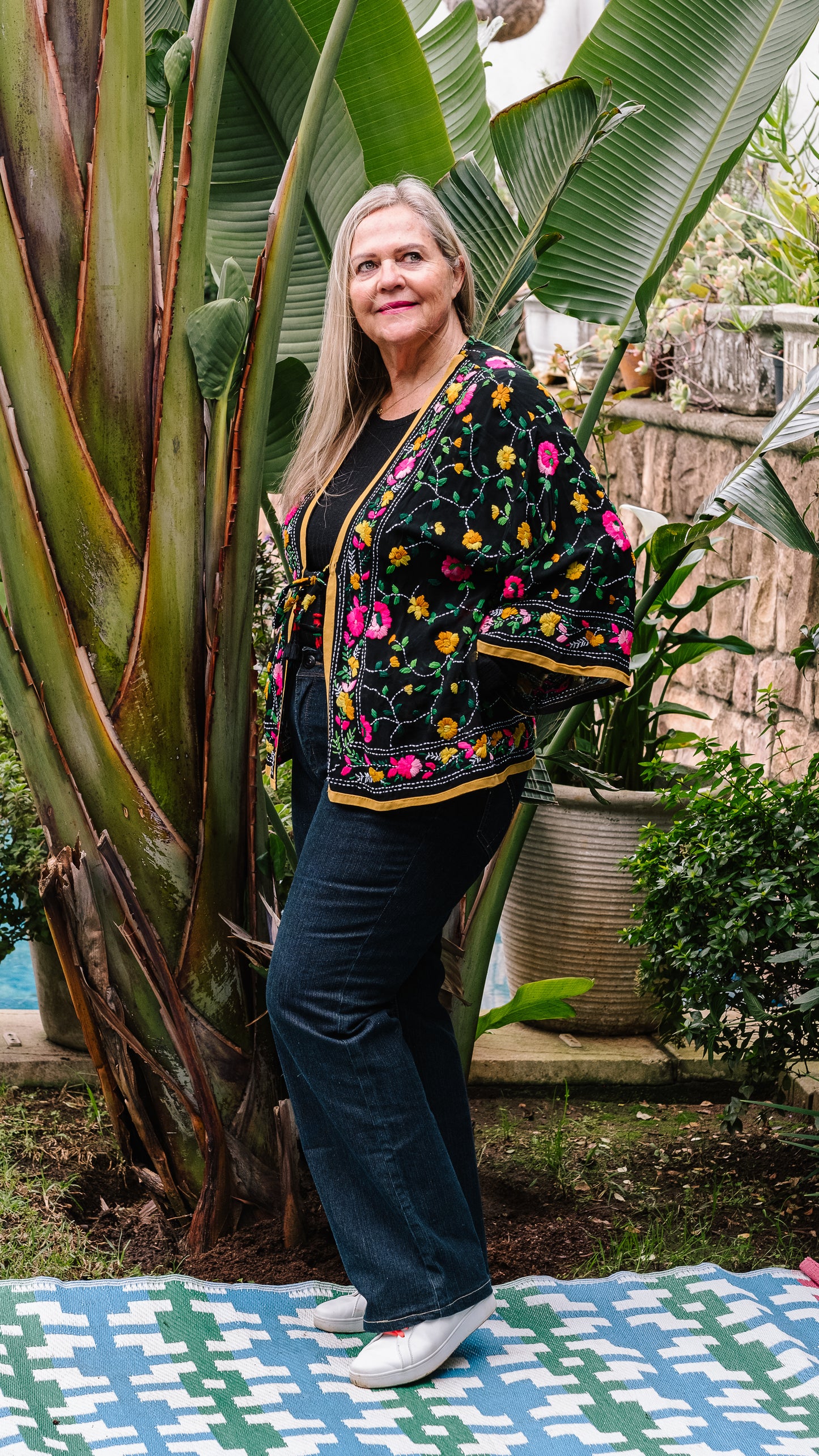 Phulkari Jacket Number 3 - Black with Mustard Trim, Pink & Yellow Embroidered Blooms