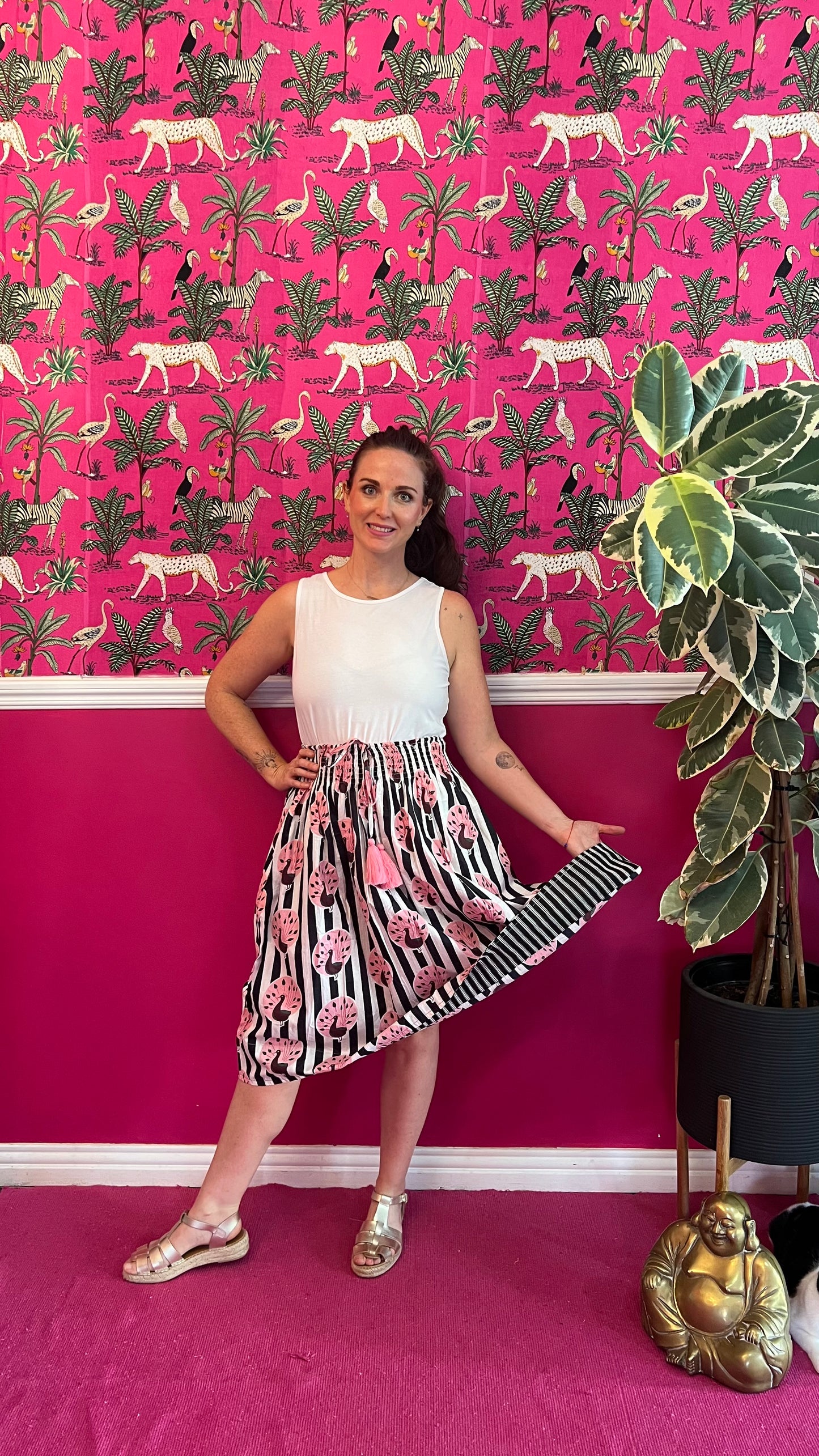 Short Sophie Skirt - Black and White Stripe with Pink Peacock