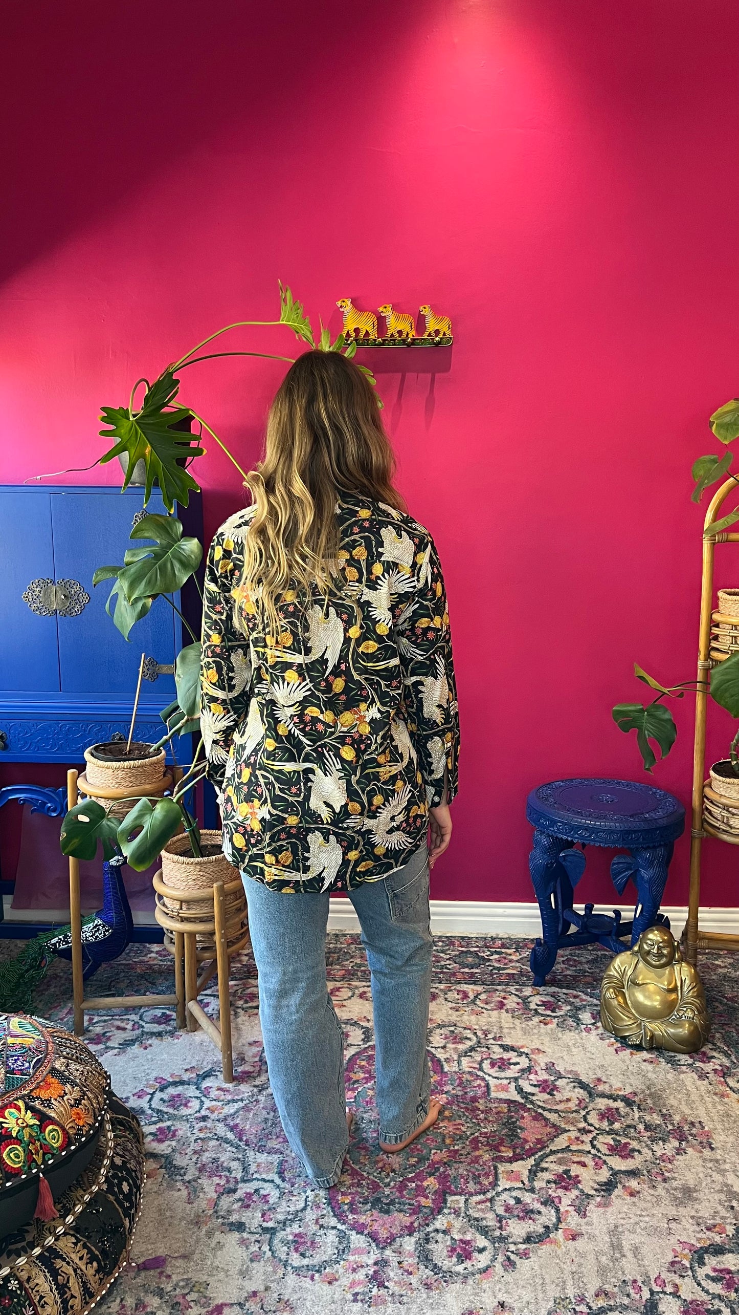 Beverley Blouse - Black with White Cockatoo and Pomegranate