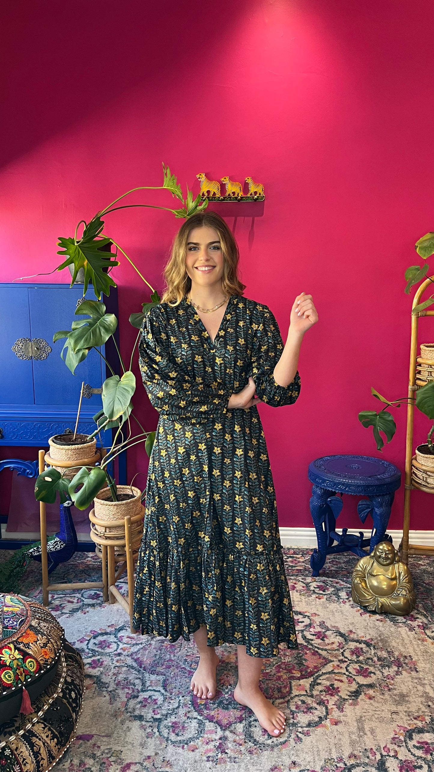 Shirley Joy Dress - Black with Yellow and Blue Floral Vine