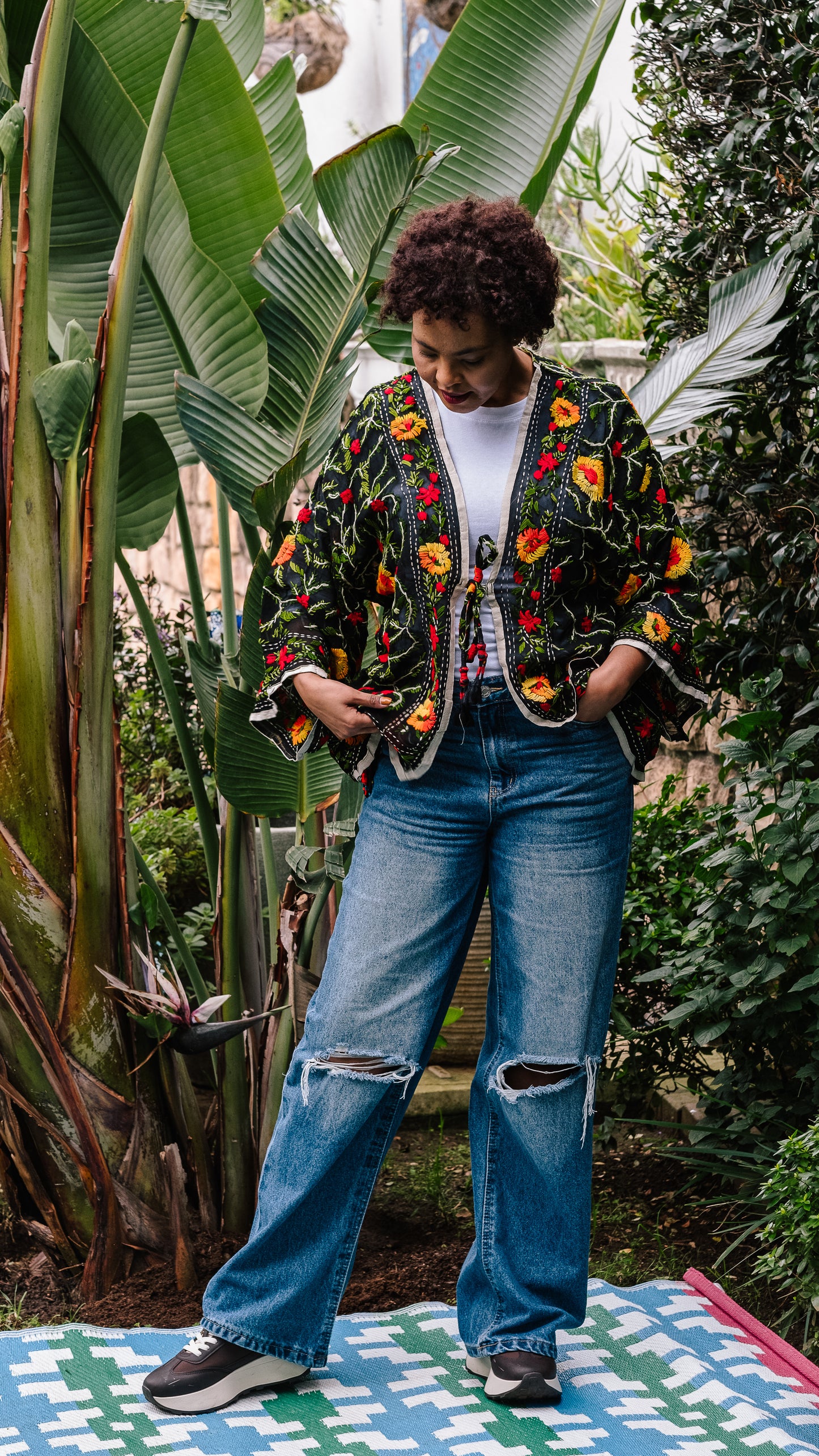 Phulkari Jacket Number 4 - Black with White Trim, Red, Green & Yellow Embroidered Blooms