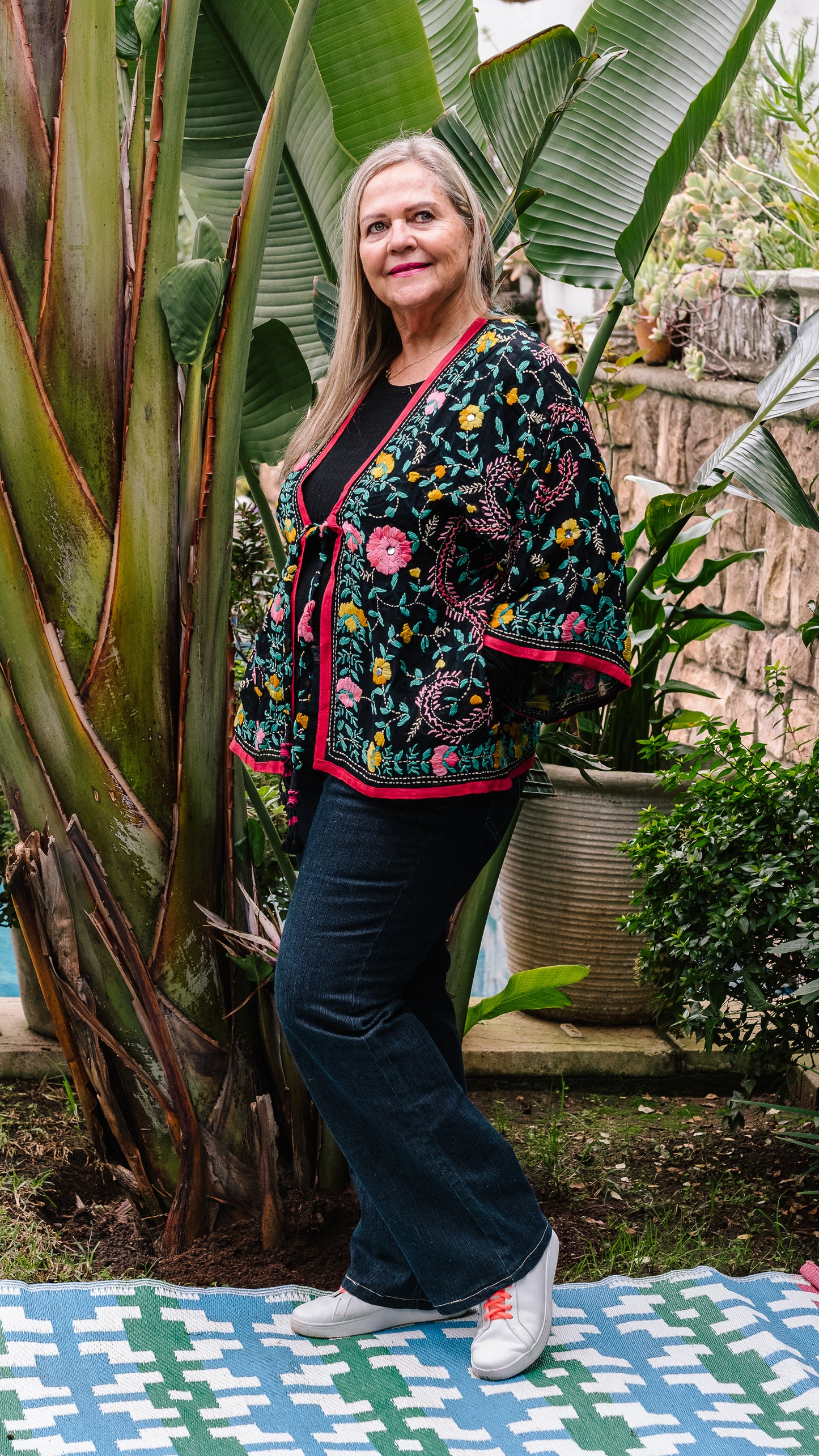 Phulkari Jackets Number 5 - Black with Coral Trim, Pink & Teal Embroidered Blooms
