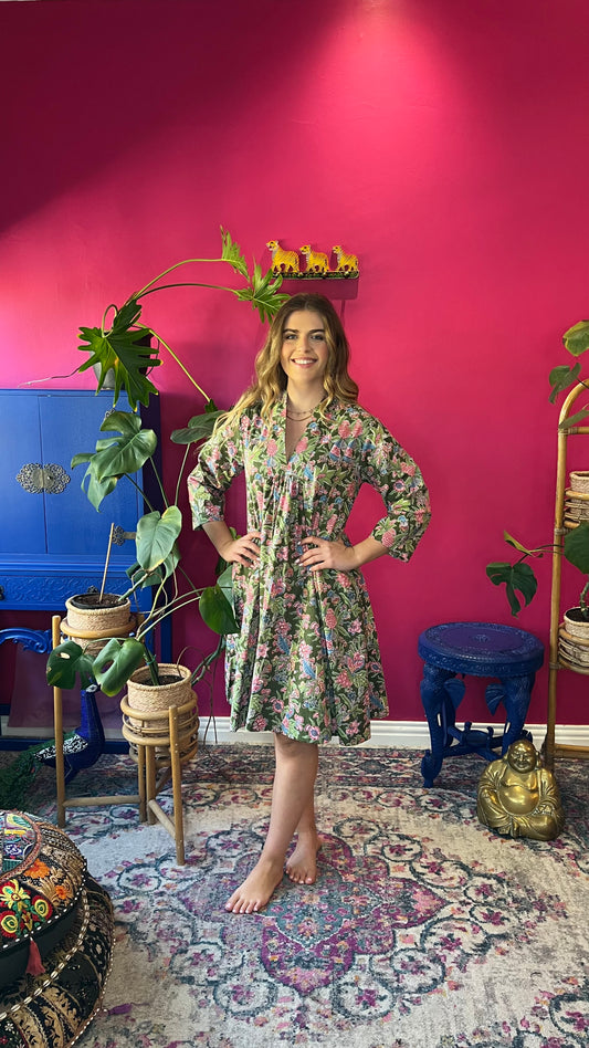 Short Rori Rose Dress - Olive Green Floral