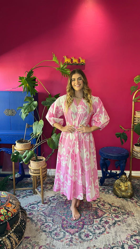 Nicolett Dress - Soft Pink and White Bold Floral