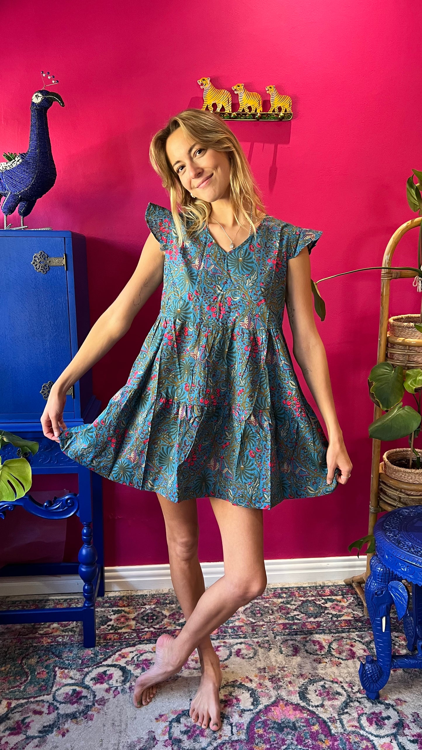Sharon Short Tiered Dress - Teal Blue Foxy Floral