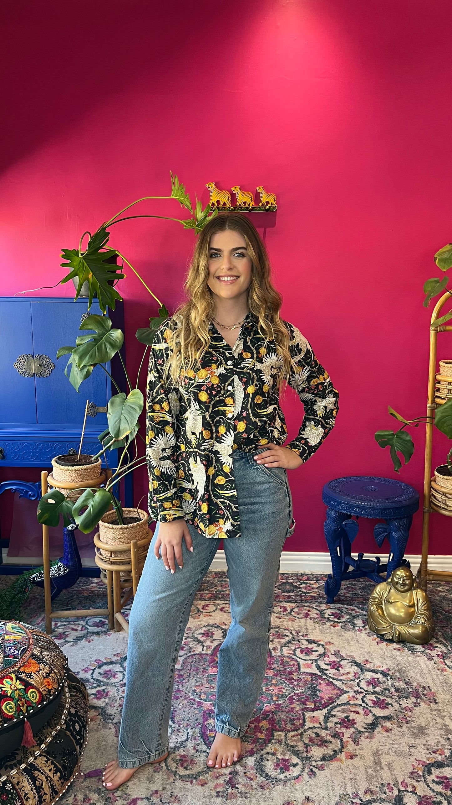 Beverley Blouse - Black with White Cockatoo and Pomegranate