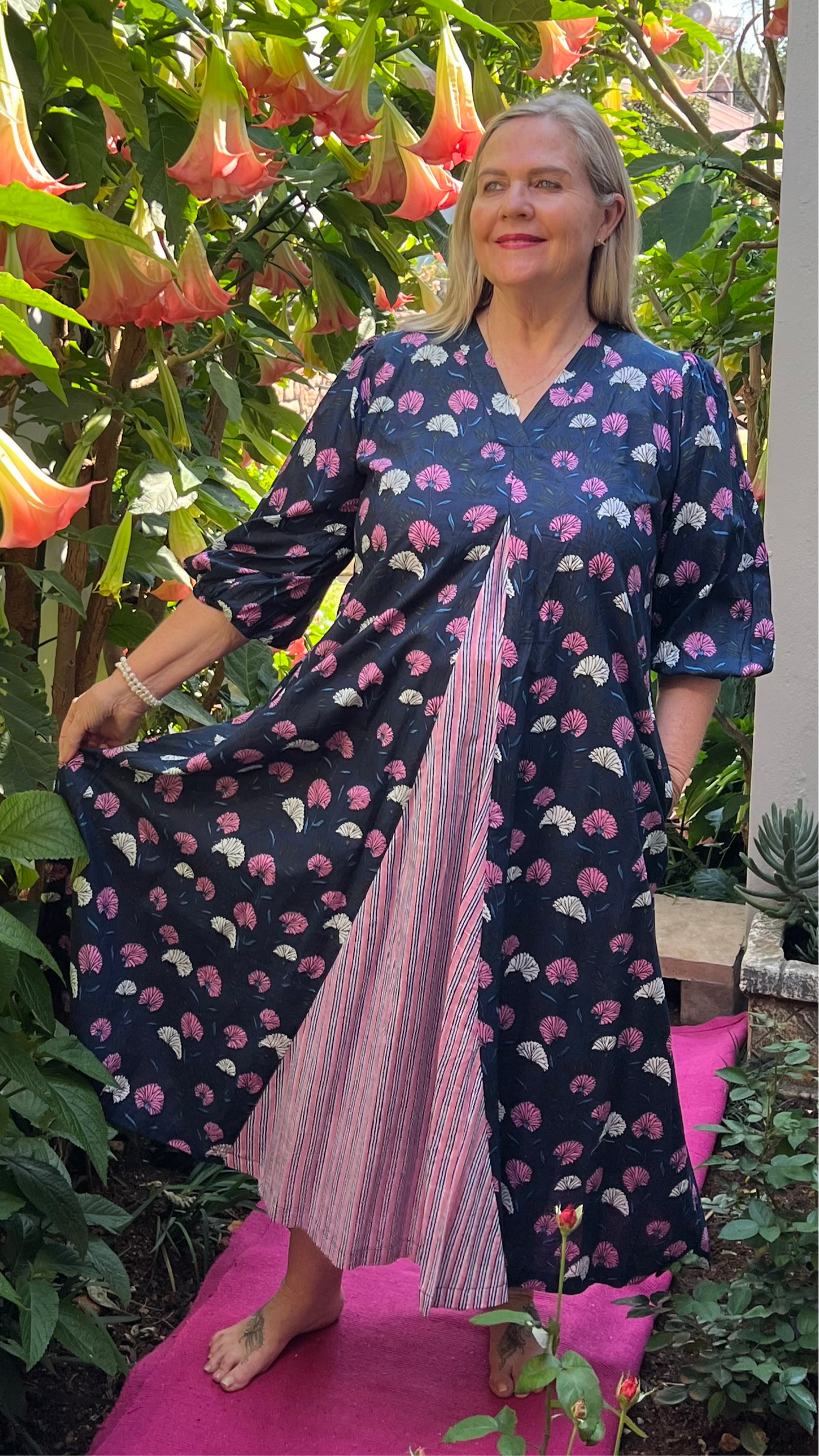 Nicolett Dress - Navy Thistle with Contrasting Stripe