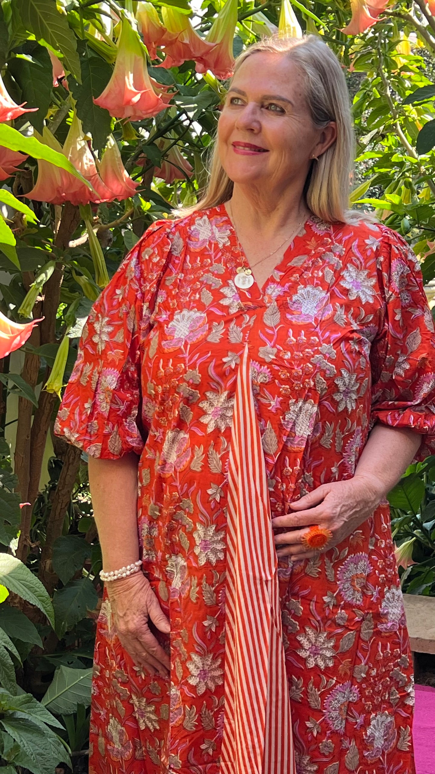 Nicolett Dress - Orange Floral with Contrasting Stripe
