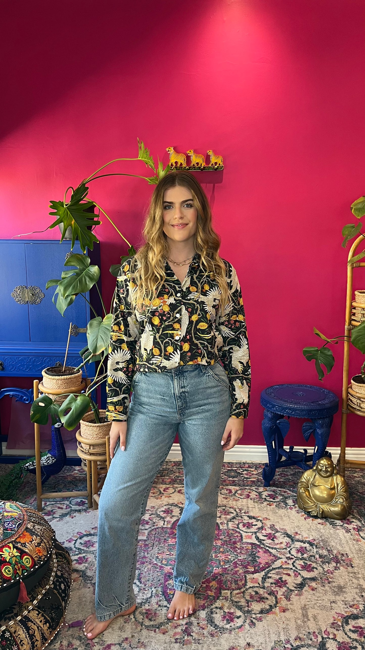 Beverley Blouse - Black with White Cockatoo and Pomegranate