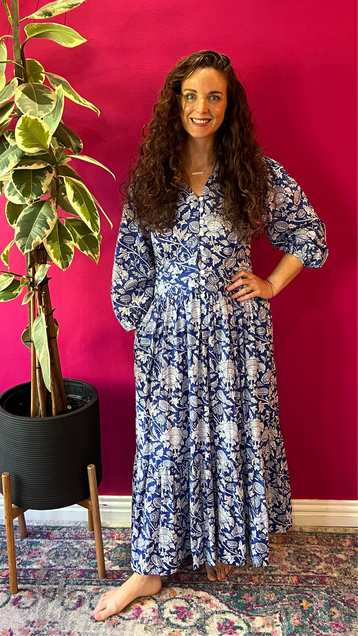 Shelley Dress - Royal Blue with White Floral Vine