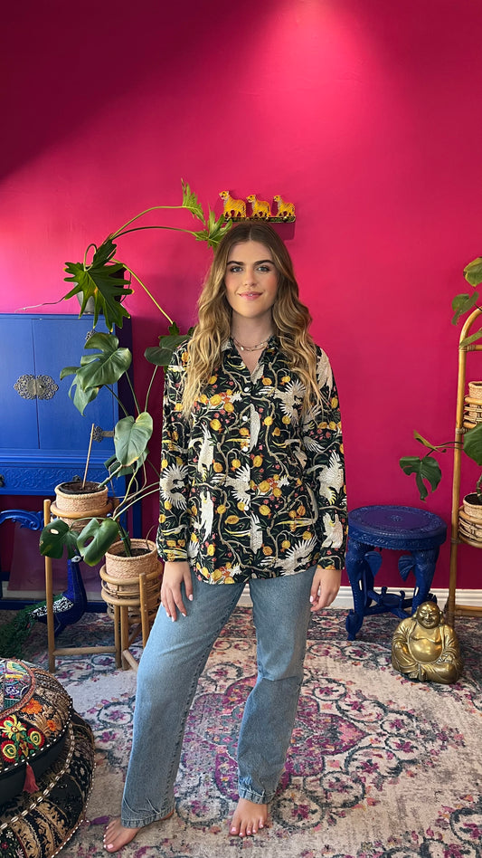 Beverley Blouse - Black with White Cockatoo and Pomegranate