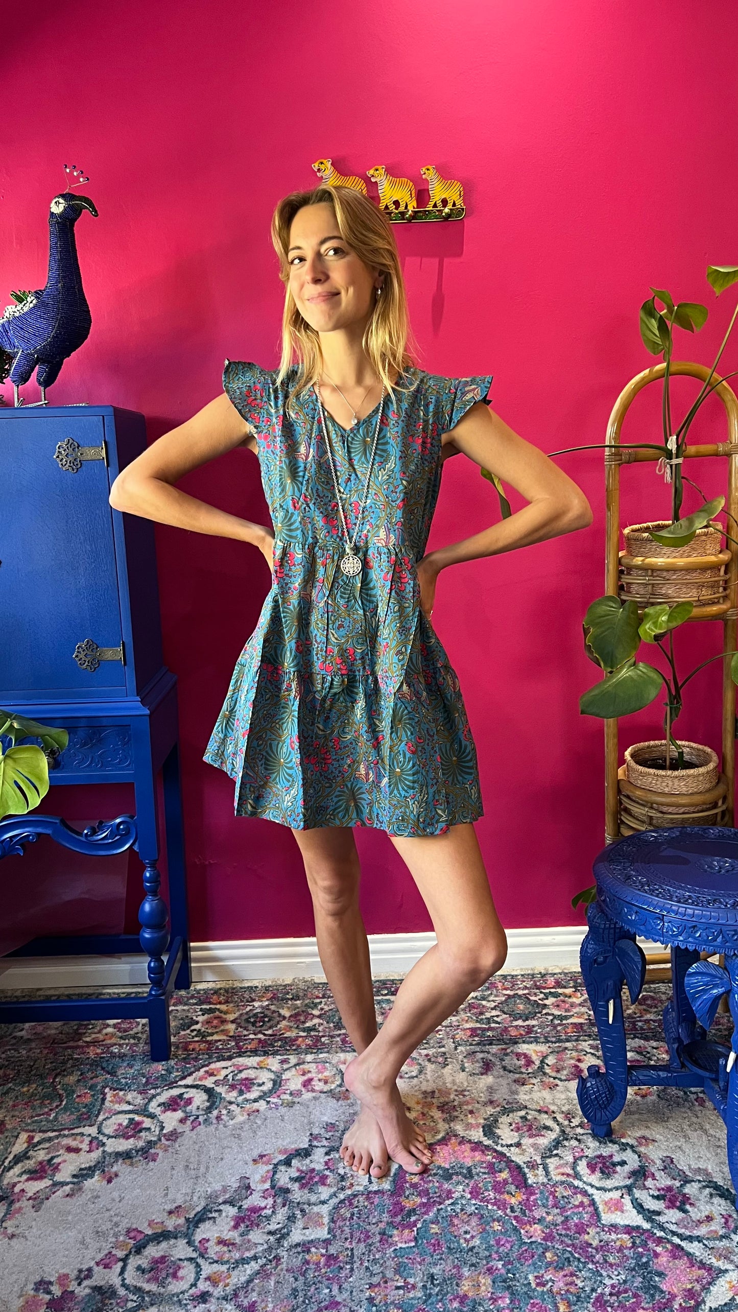 Sharon Short Tiered Dress - Teal Blue Foxy Floral