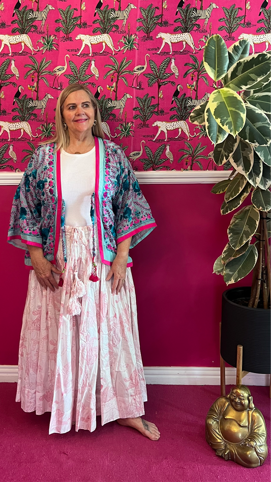 Susie Skirt - Crisp White and Soft Pink Tropical Safari