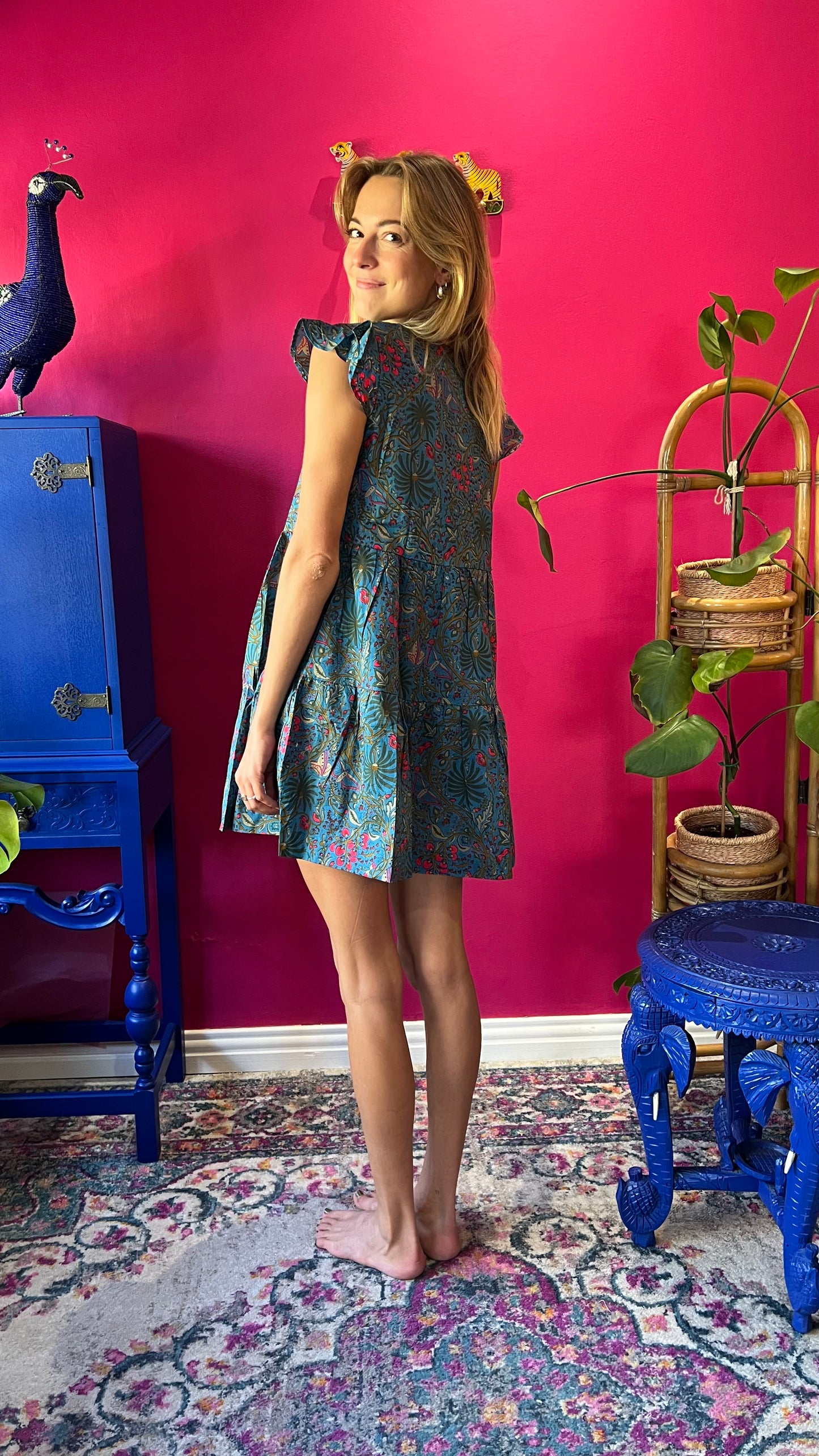 Sharon Short Tiered Dress - Teal Blue Foxy Floral