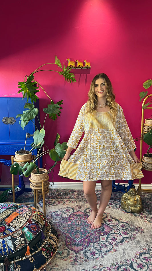 Babydoll Dress - White and Mustard Floral