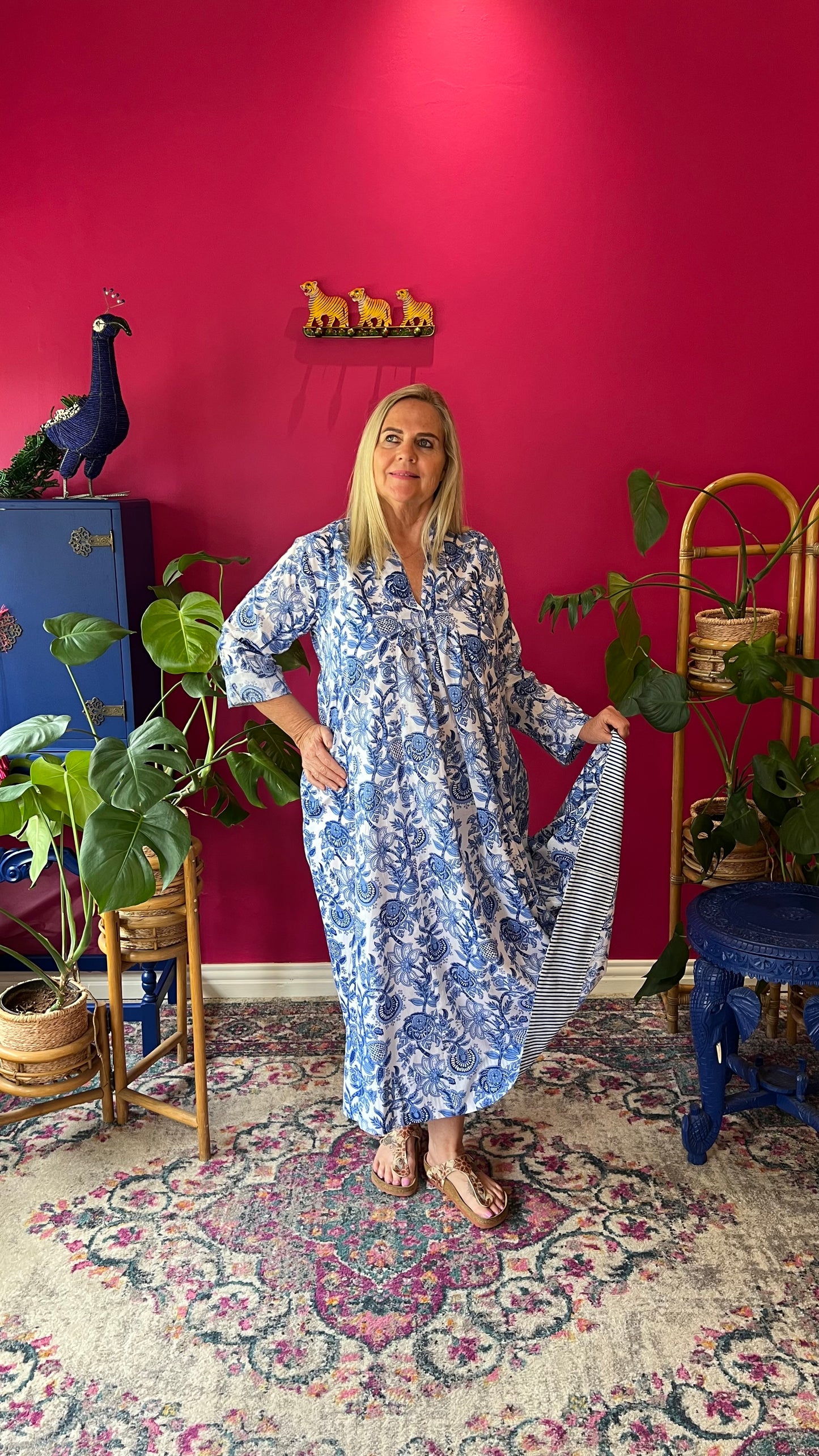 Rori Rose Dress - White with Blue Floral Vine
