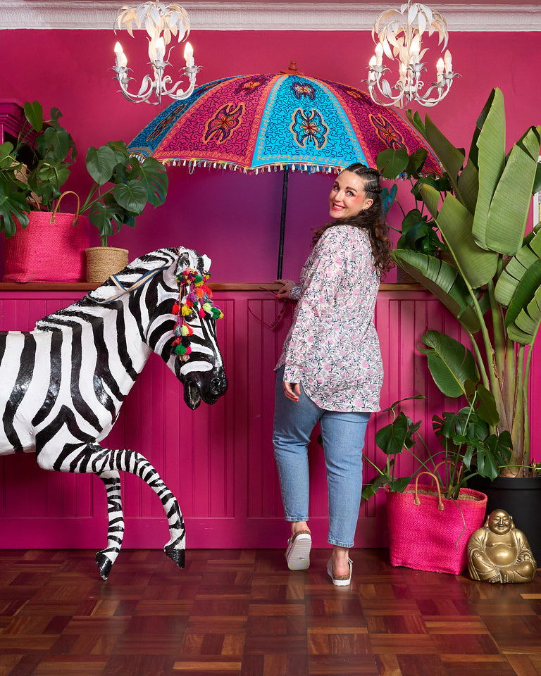 Beverley Blouse - White with Navy, Pink and Grey Floral