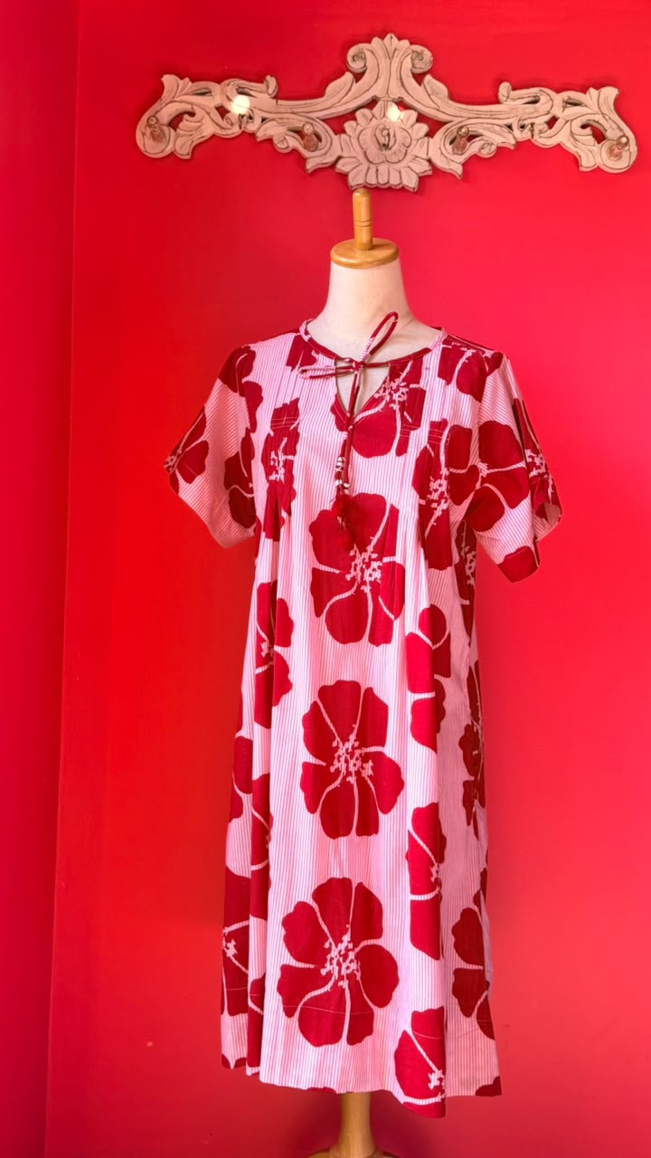 Dewy Dress - Bold Red Hibiscus Flowers on A White Base with Fine Vertical Pinstripes