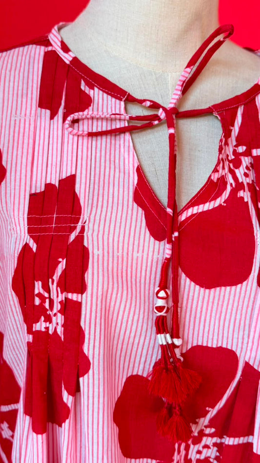 Dewy Dress - Bold Red Hibiscus Flowers on A White Base with Fine Vertical Pinstripes