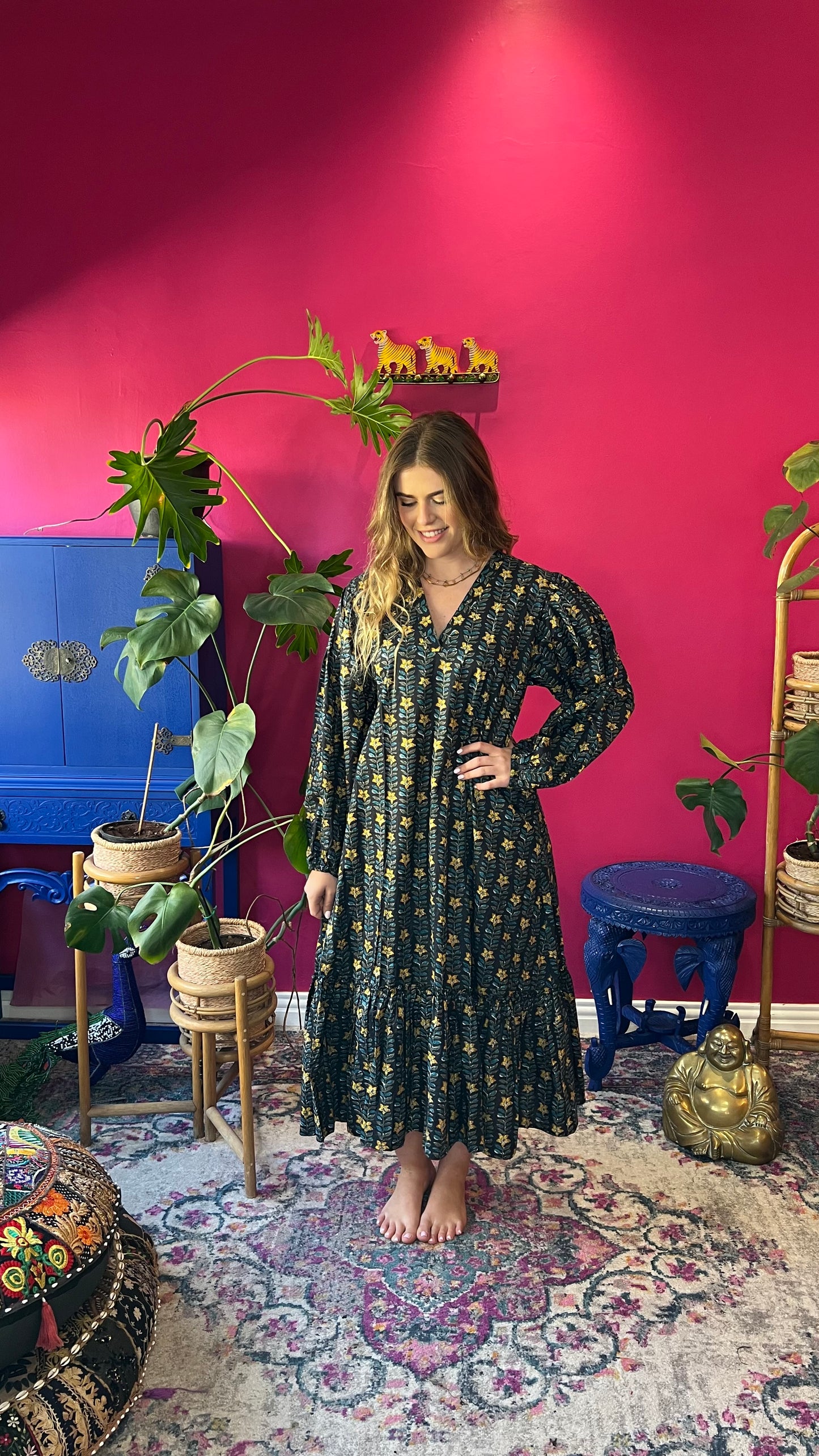Shirley Joy Dress - Black with Yellow and Blue Floral Vine