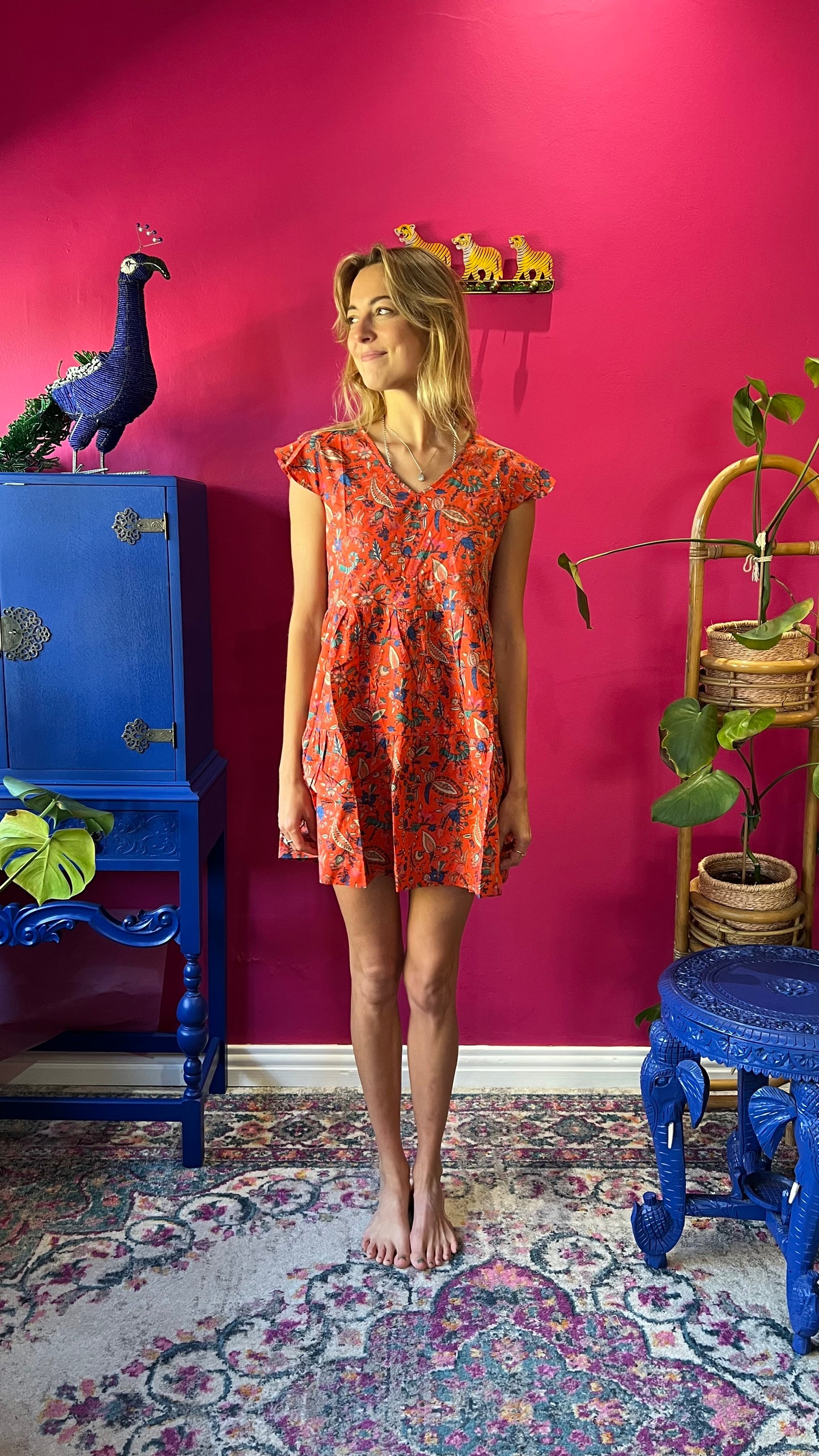 Sharon Short Tiered Dress - Bright Orange Foxy Floral