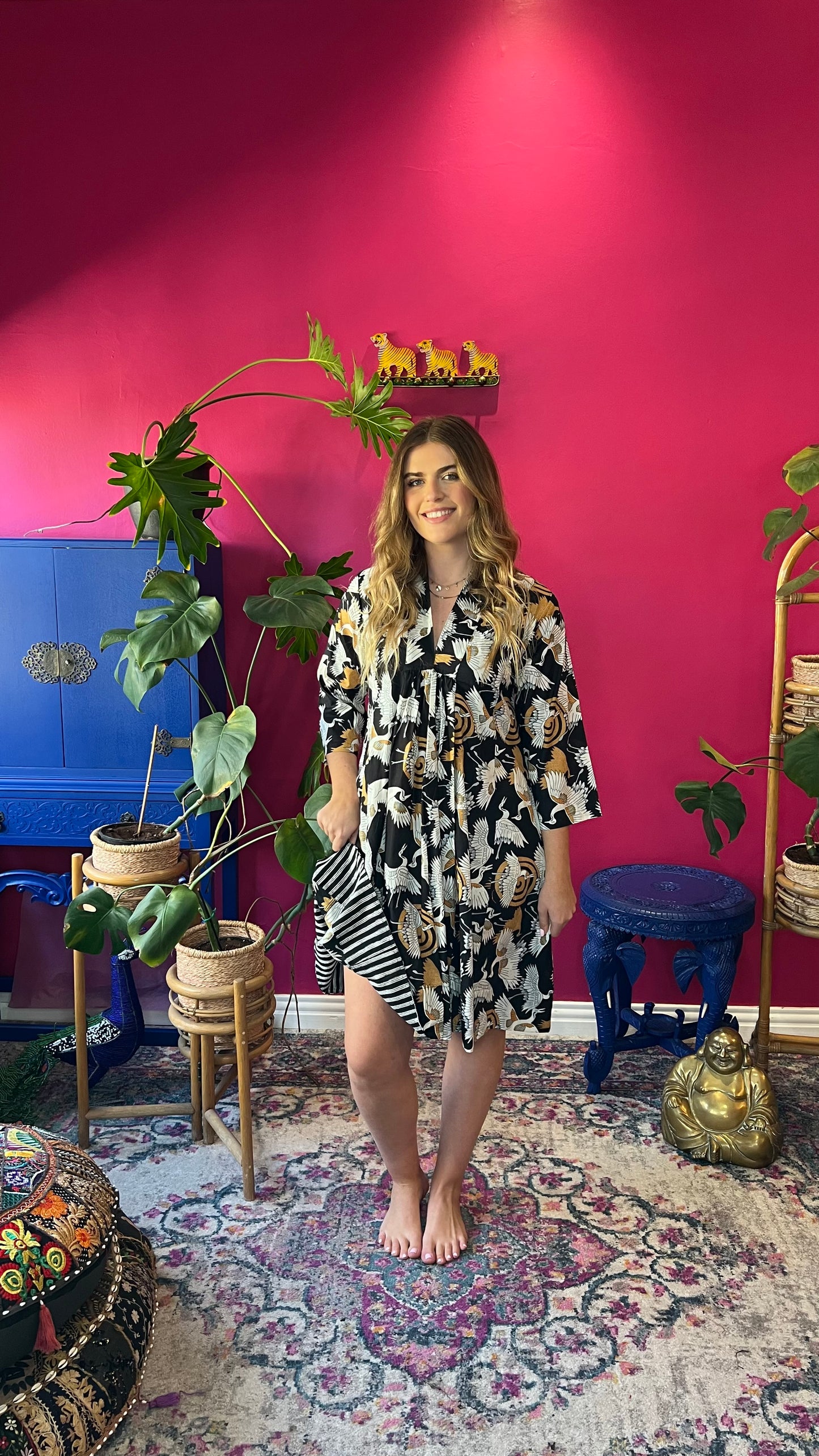 Short Rori Rose Dress - Black with White and Gold Crane