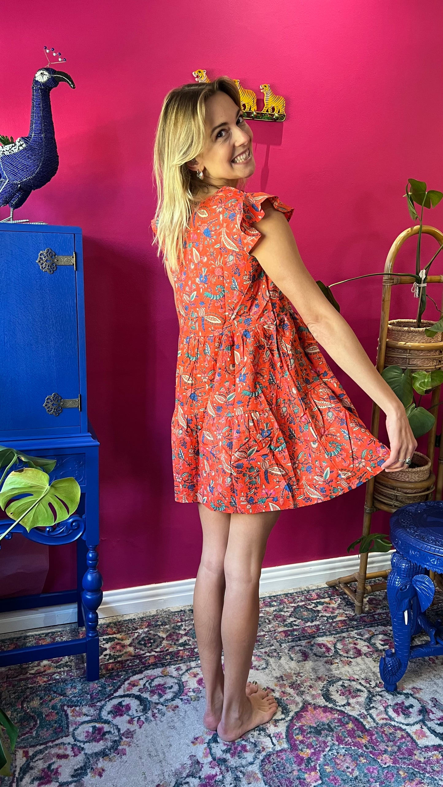 Sharon Short Tiered Dress - Bright Orange Foxy Floral