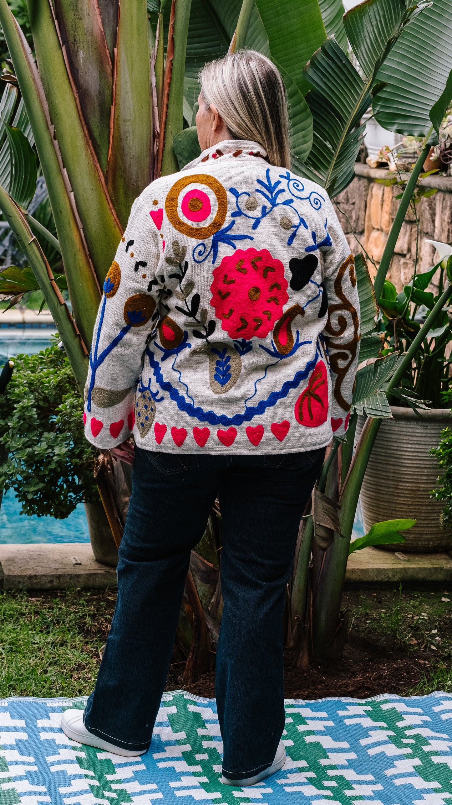 Cotton Weave Suzani Jacket - Cream with Lumo Berry Blooms Embroidery
