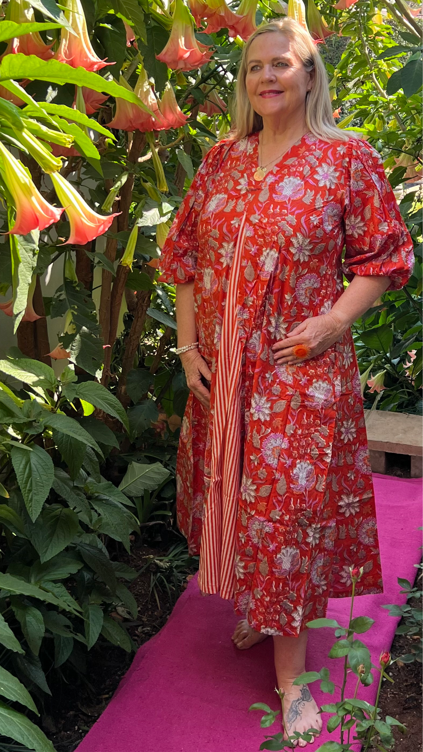 Nicolett Dress - Orange Floral with Contrasting Stripe
