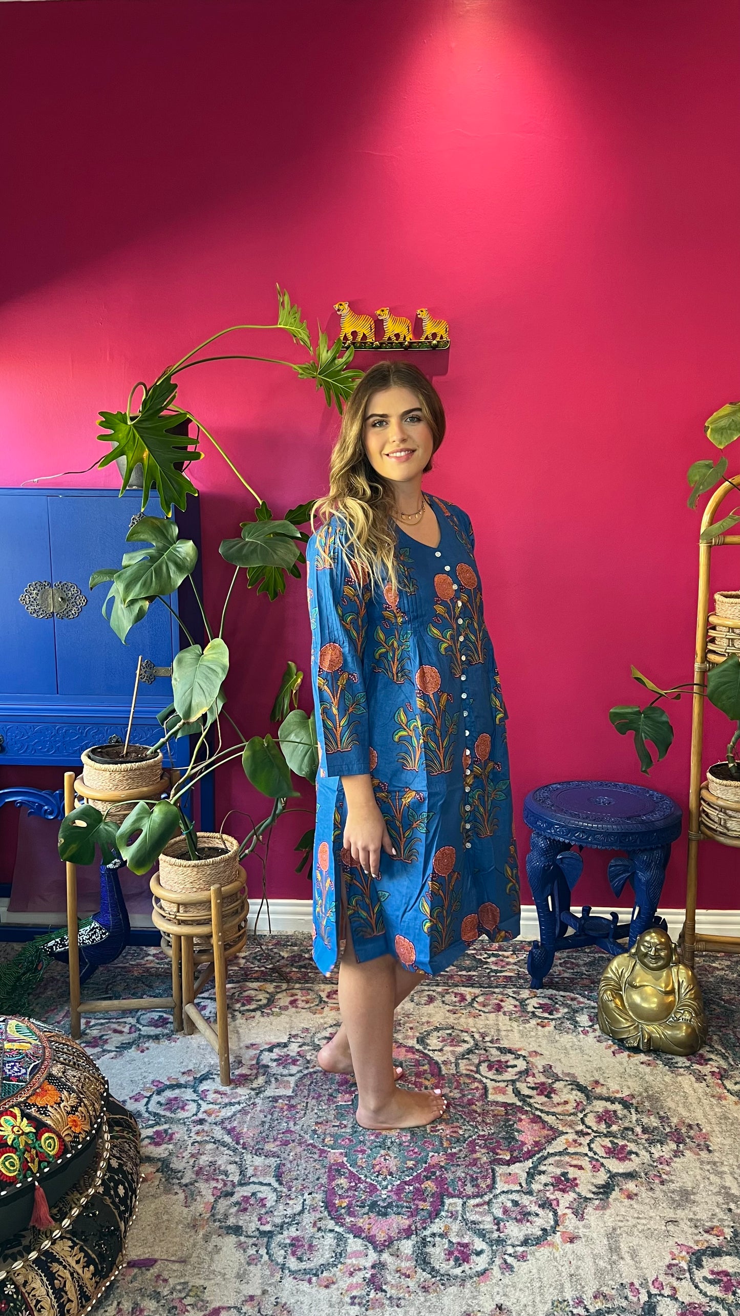 Gypsey Dress - Royal Blue with Pink and Orange Blooms