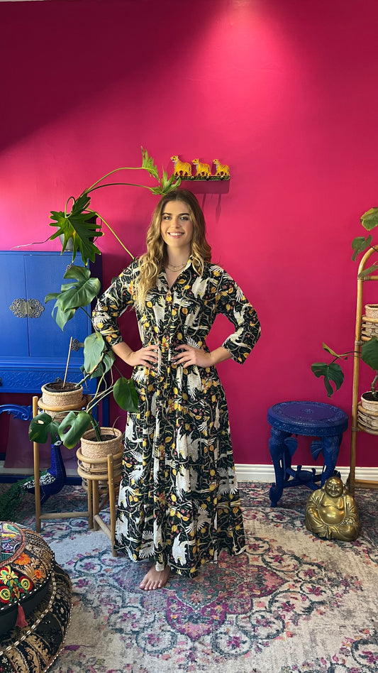 Sammy Joy Dress - Black Cockatoo and Pomegranate