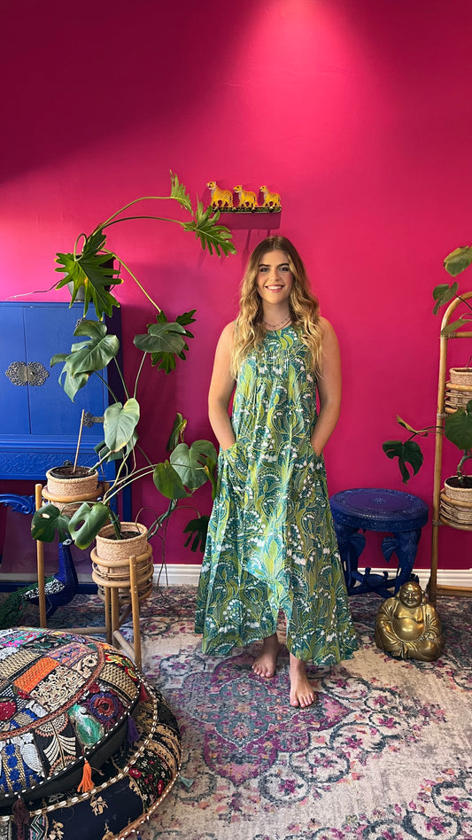 Bird Dress -  Teal Bell Flowers