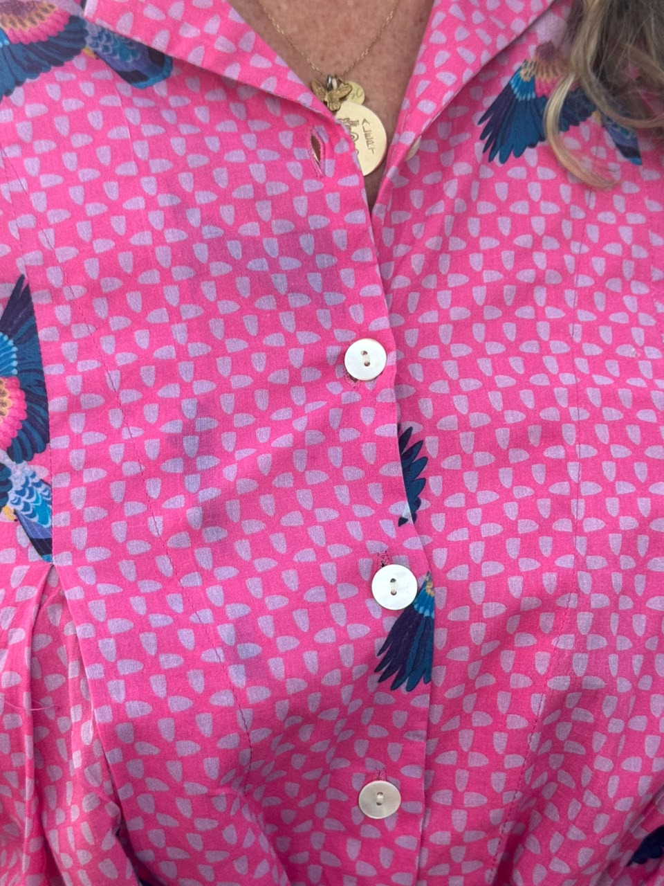 Jilly Jumpsuit Hot Pink Dappled Print with Flying Eagle in Tones of Cobalt Blue