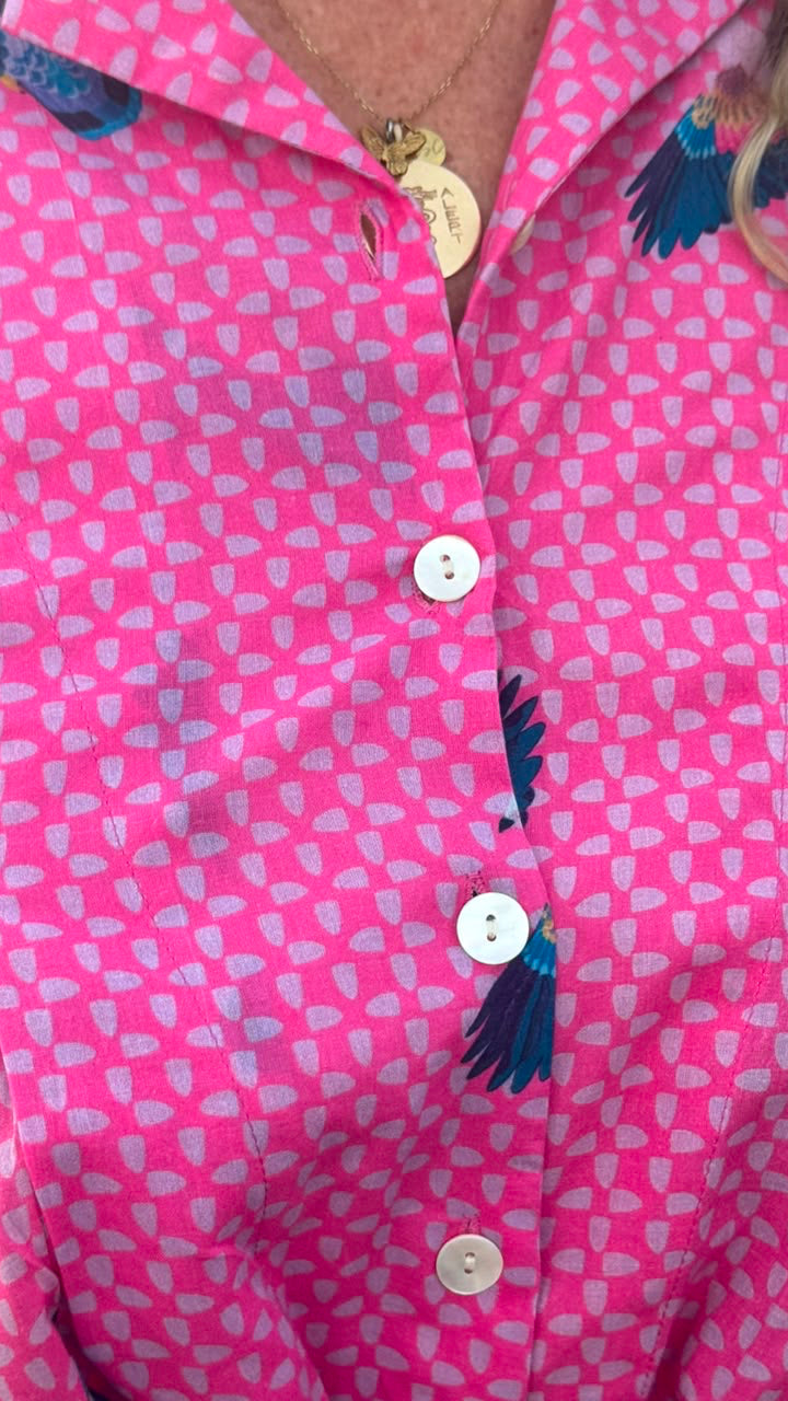 Jilly Jumpsuit Hot Pink Dappled Print with Flying Eagle in Tones of Cobalt Blue